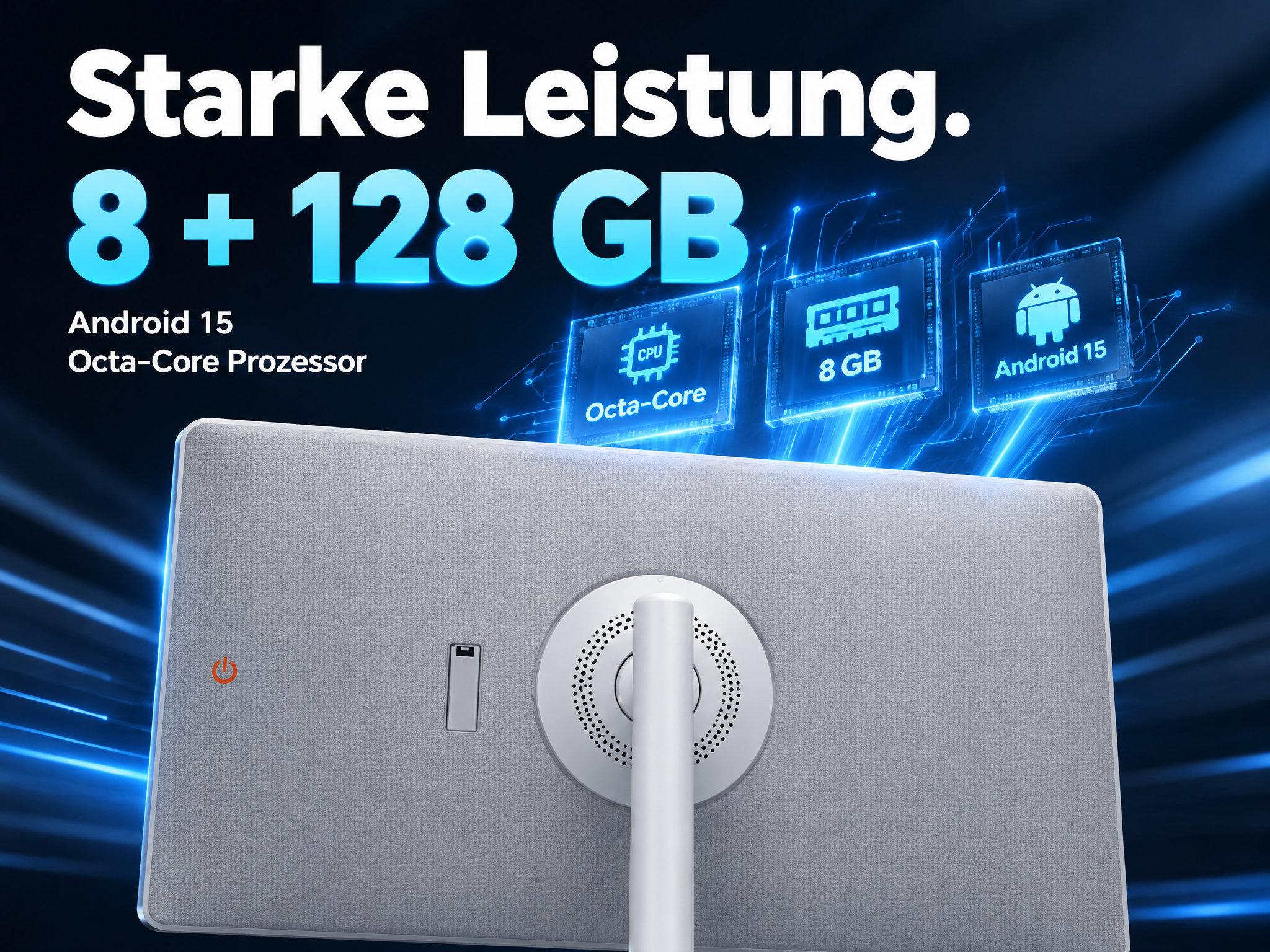 Technik-Display mit 8+128 GB, Octa-Core-Prozessor und Android 15 auf blauem Hintergrund.