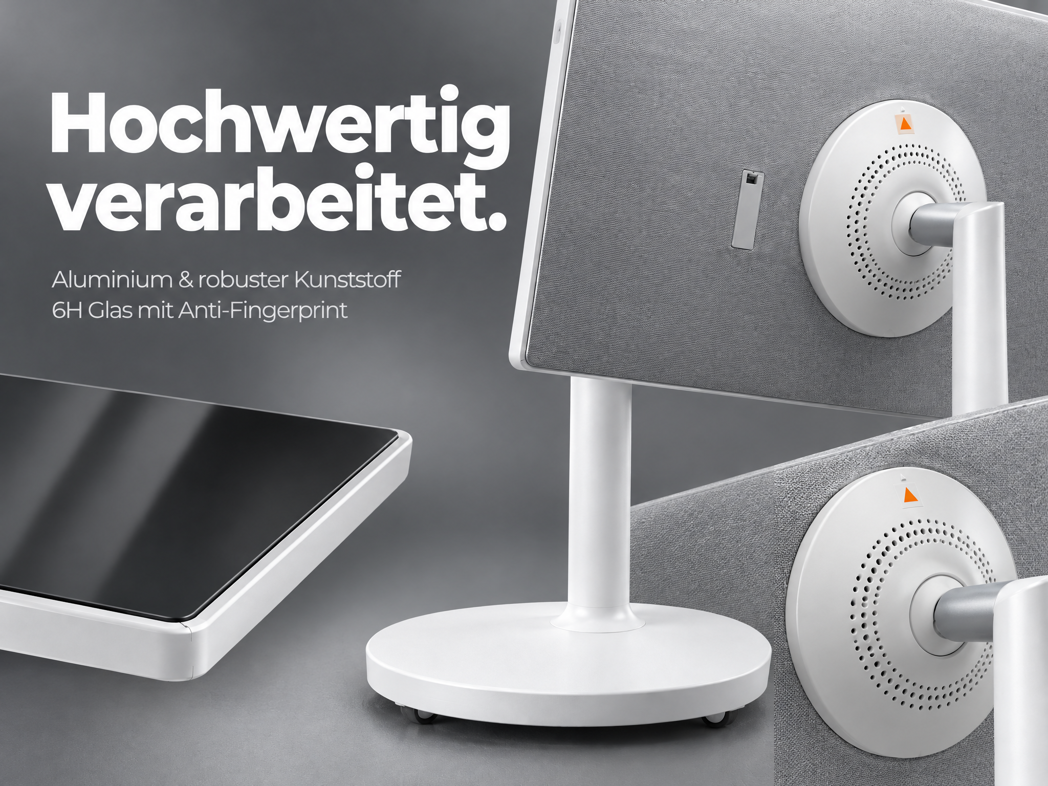 Produktansicht mit Text: Hochwertig verarbeitet. Aluminium und robuster Kunststoff.
