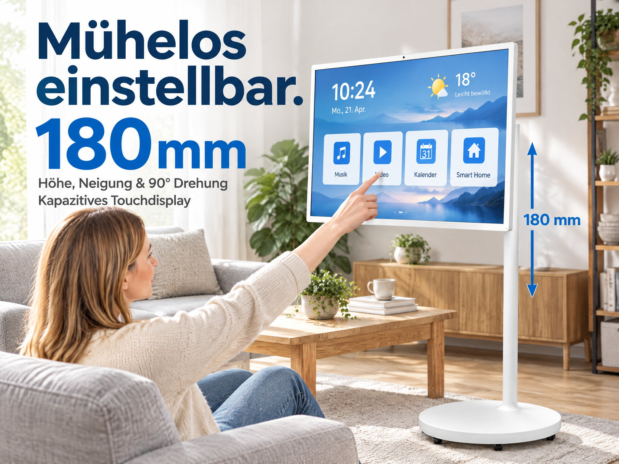 Frau bedient Touchscreen-Bildschirm auf weißem Ständer im Wohnzimmer.
