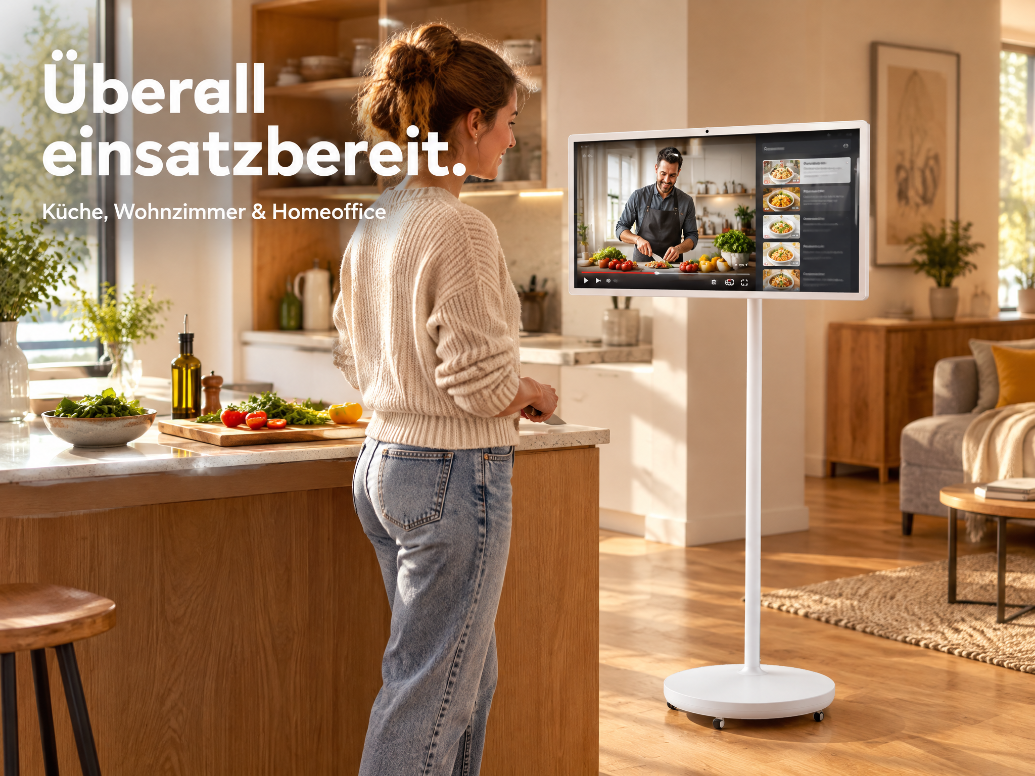 Eine Frau steht in einer hellen Küche neben einem mobilen weißen Bildschirm mit Kochvideo.