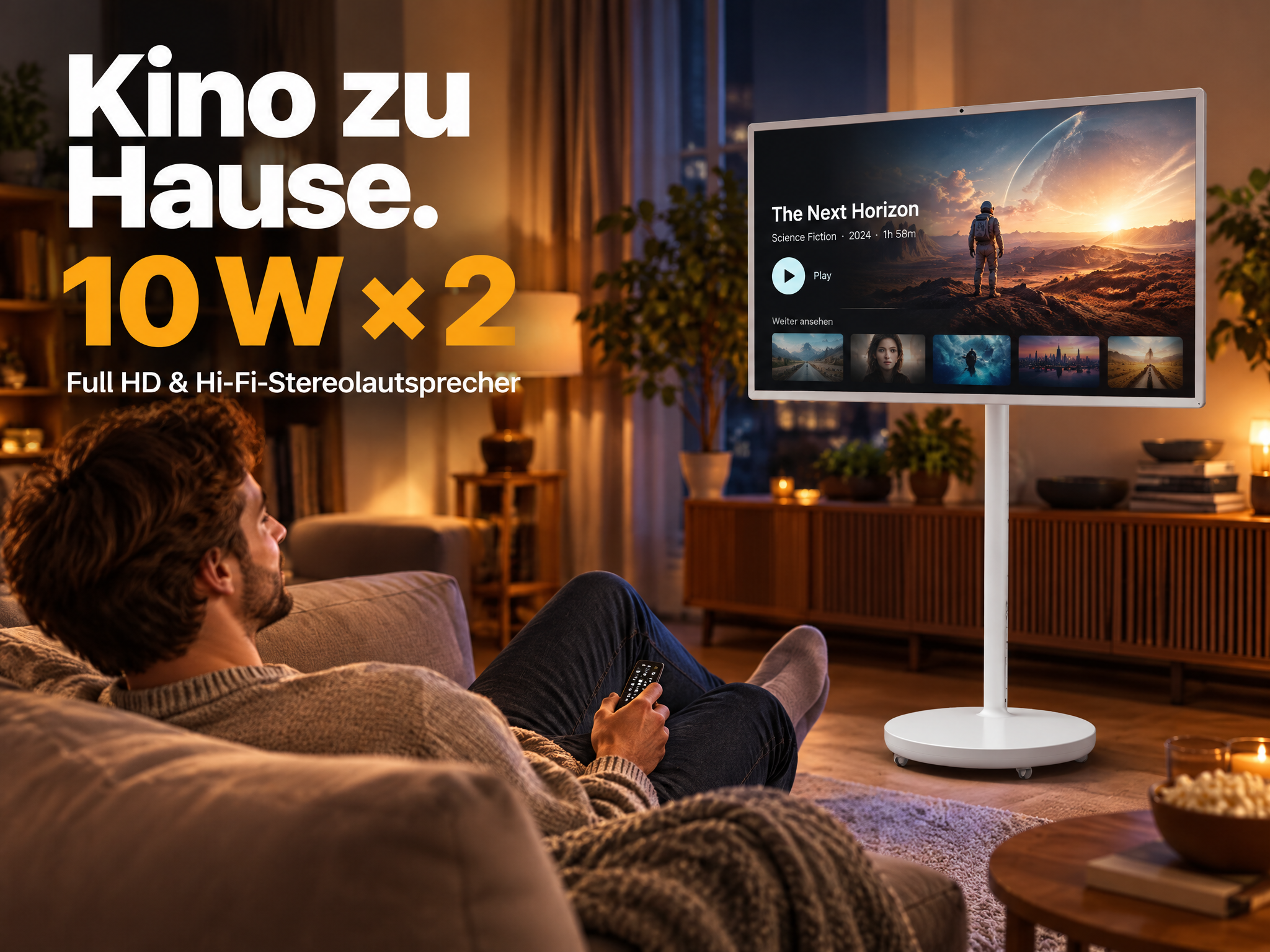 Ein Mann sitzt auf einem Sofa und schaut Fernsehen in einem Wohnzimmer.