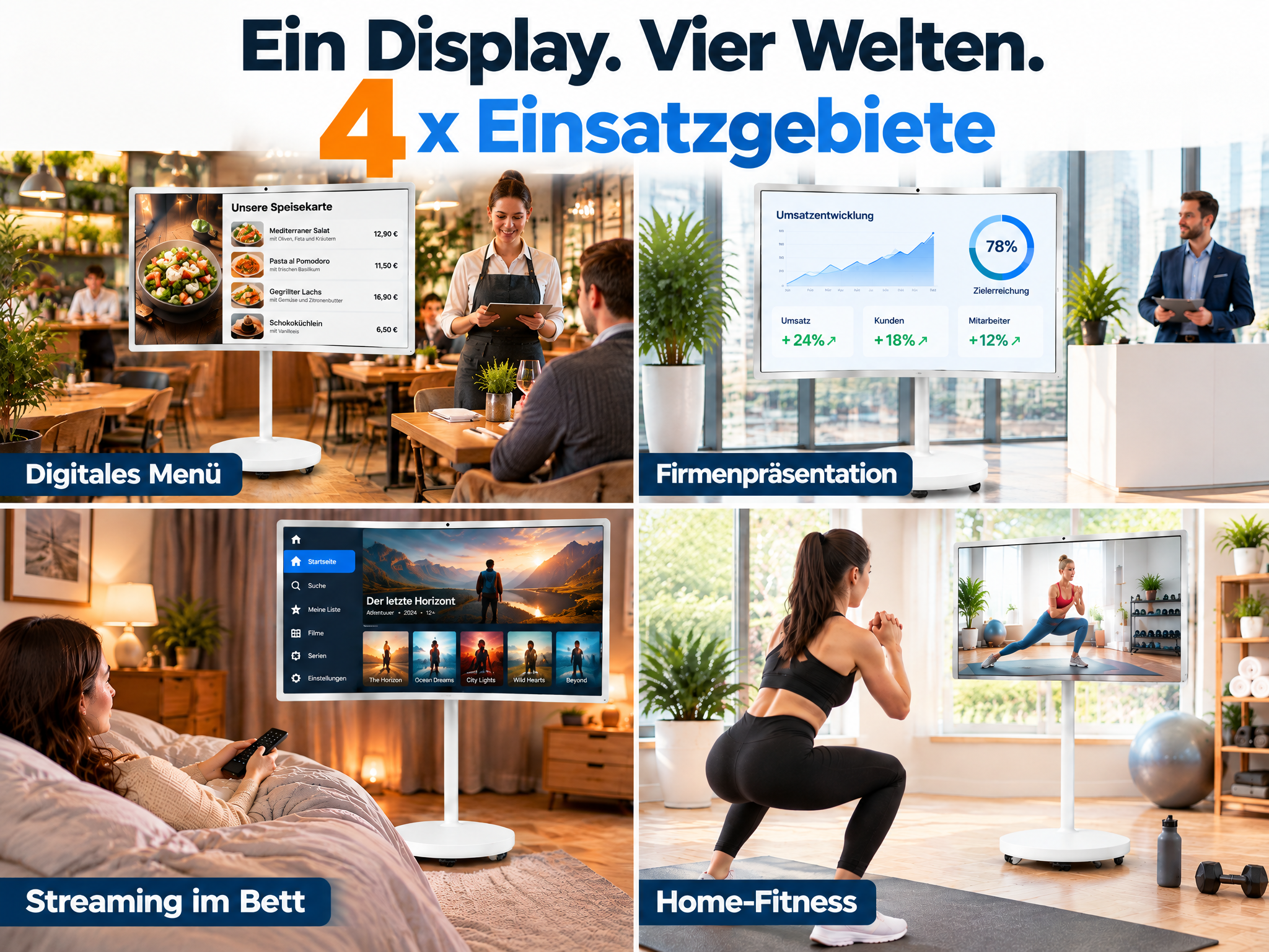 Ein weißer, tragbarer Smart-Bildschirm für Menüs, Geschäftspräsentationen, Streaming und Fitness.