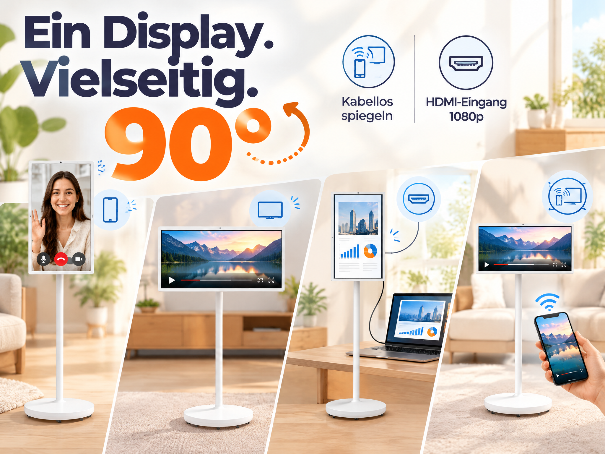 Werbebild für ein verstellbares Display mit drahtloser Spiegelung, HDMI-Eingang und drehbarem Bildschirm.