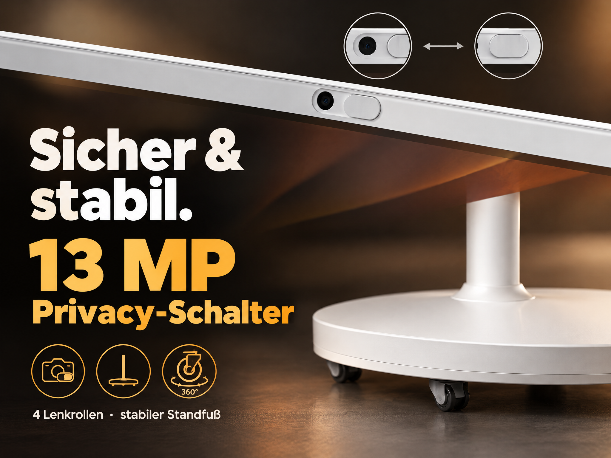 Weißes Gerät mit 13MP Kamera, Privatsphäre-Schalter und stabilem Fuß mit 4 Rollen.