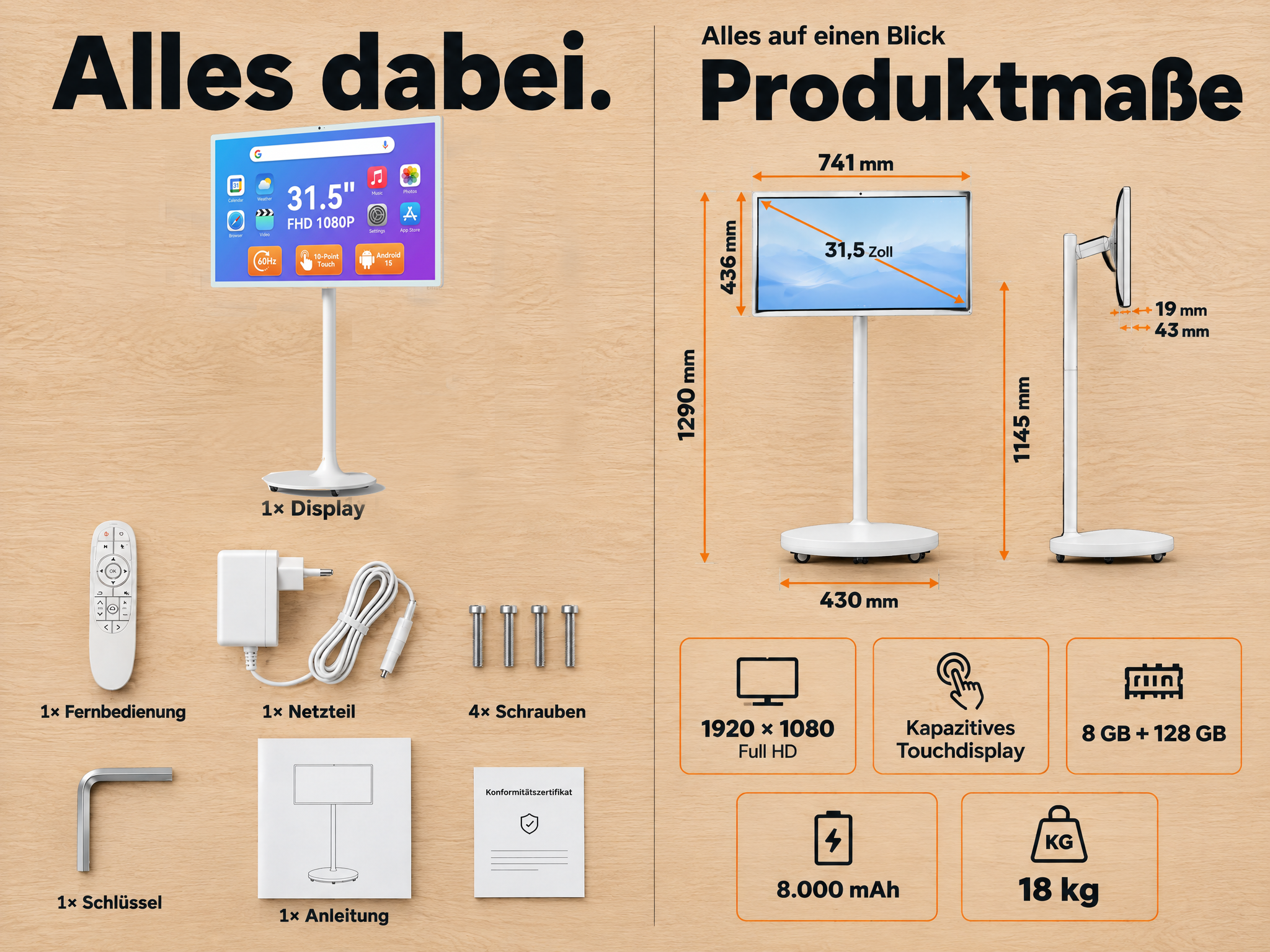 Produktübersicht mit Display auf Rollen, Maßen in mm und Zubehör wie Fernbedienung, Netzteil und Schrauben.