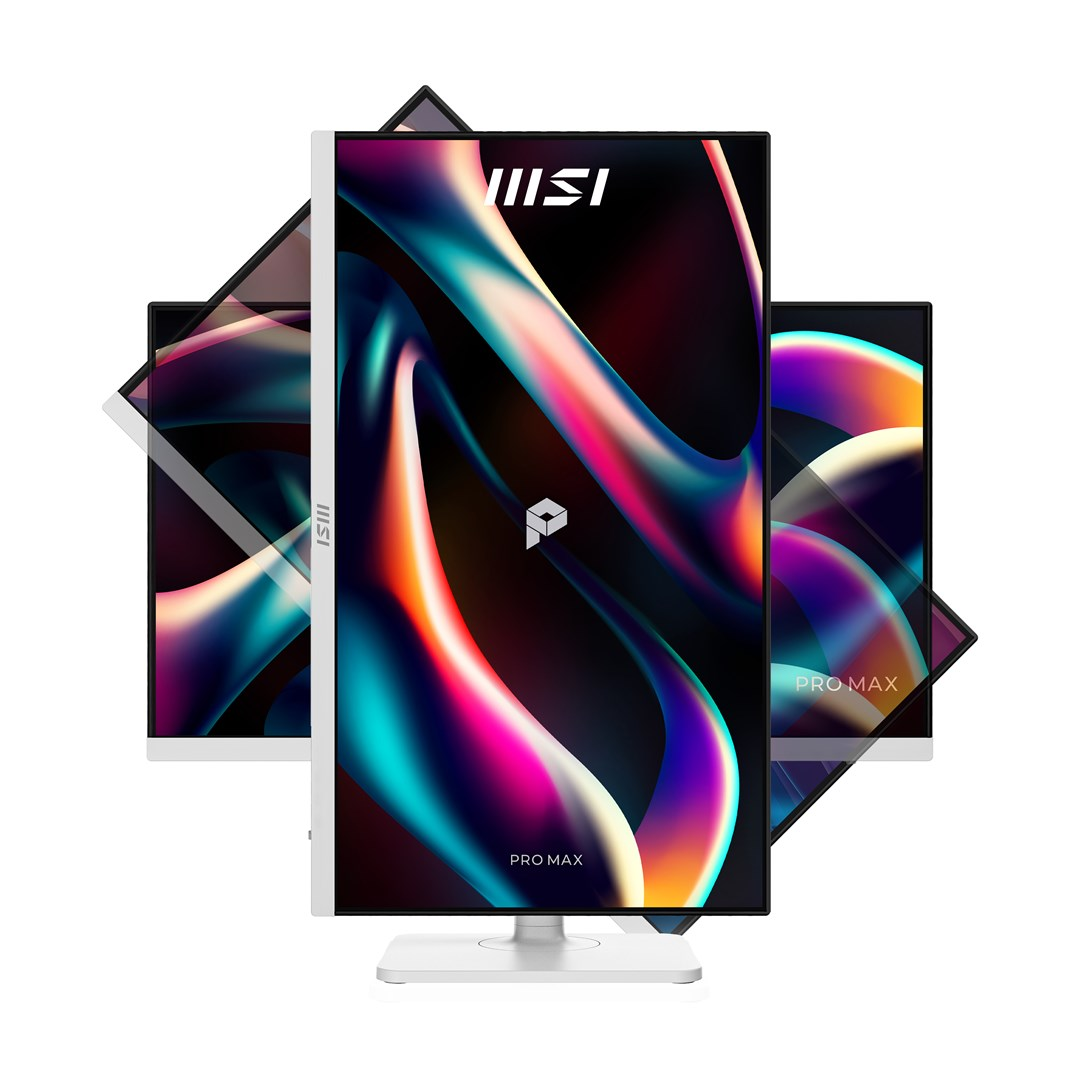 Wiele monitorów MSI Pro Max z kolorowym, falistym tłem i białym stojakiem.