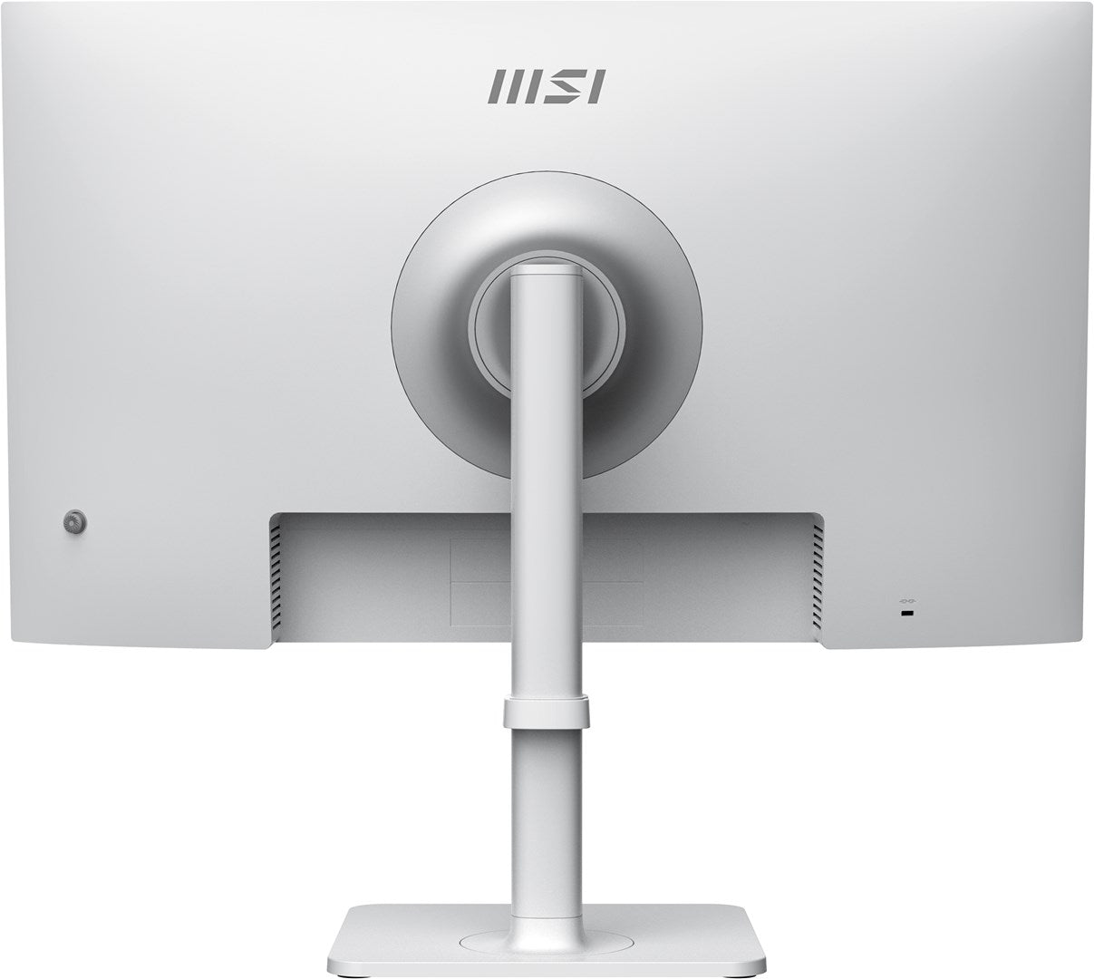 Widok z tyłu białego monitora MSI na białej podstawce ze srebrnym okrągłym zawiasem.