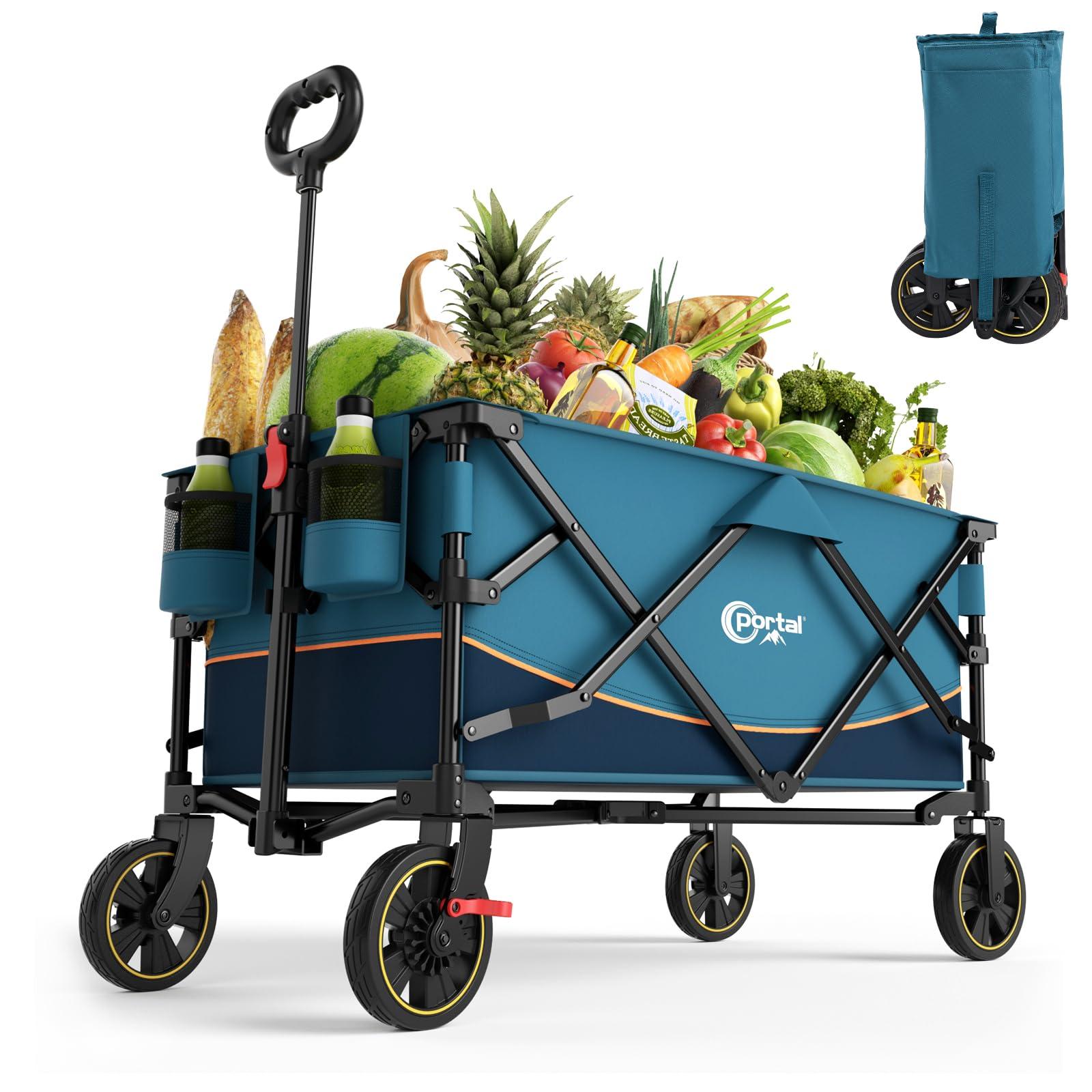 Un chariot utilitaire pliant bleu rempli de fruits et légumes frais, représenté plié en haut à droite.