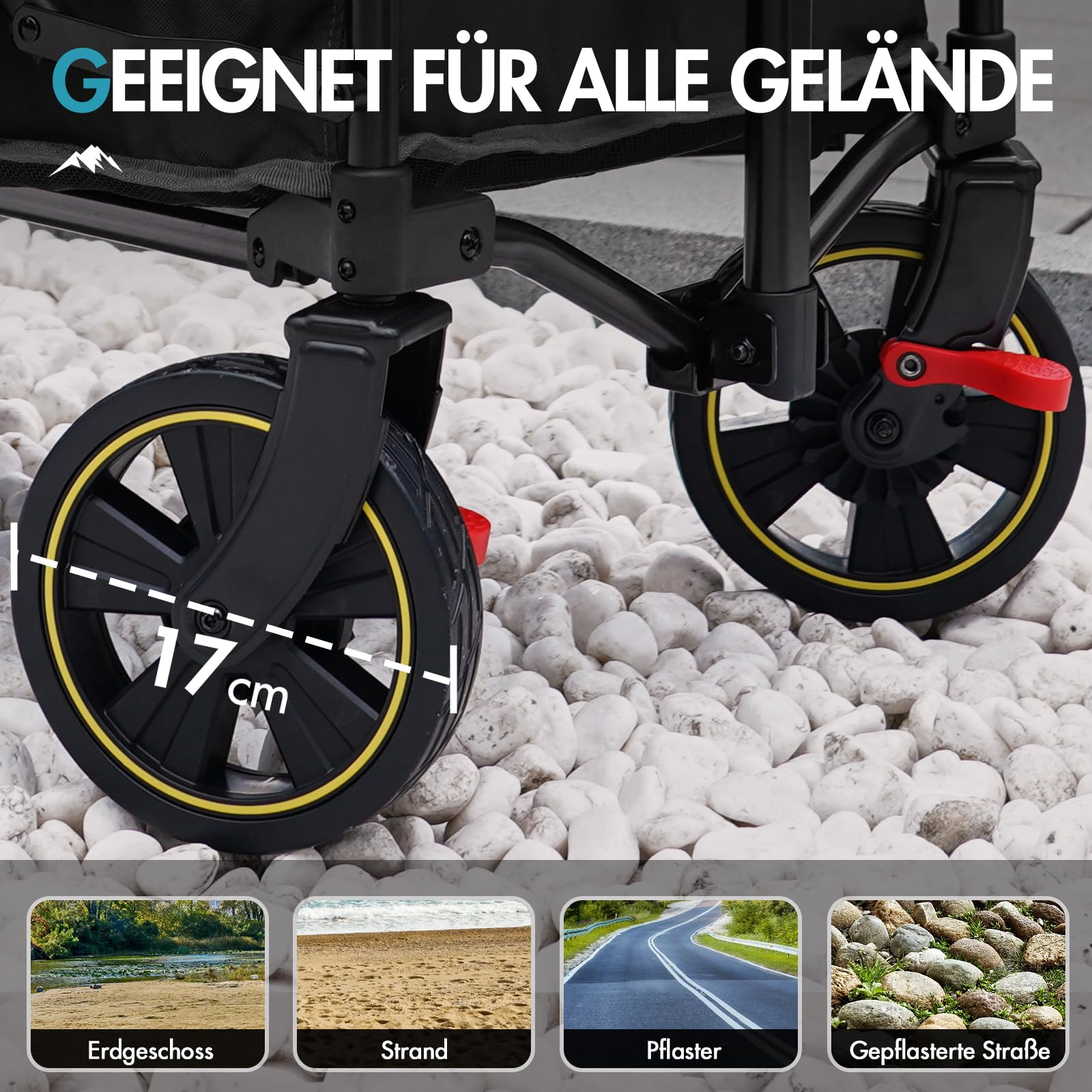 Roues de chariot de 17 cm sur des cailloux blancs avec quatre exemples de terrain.