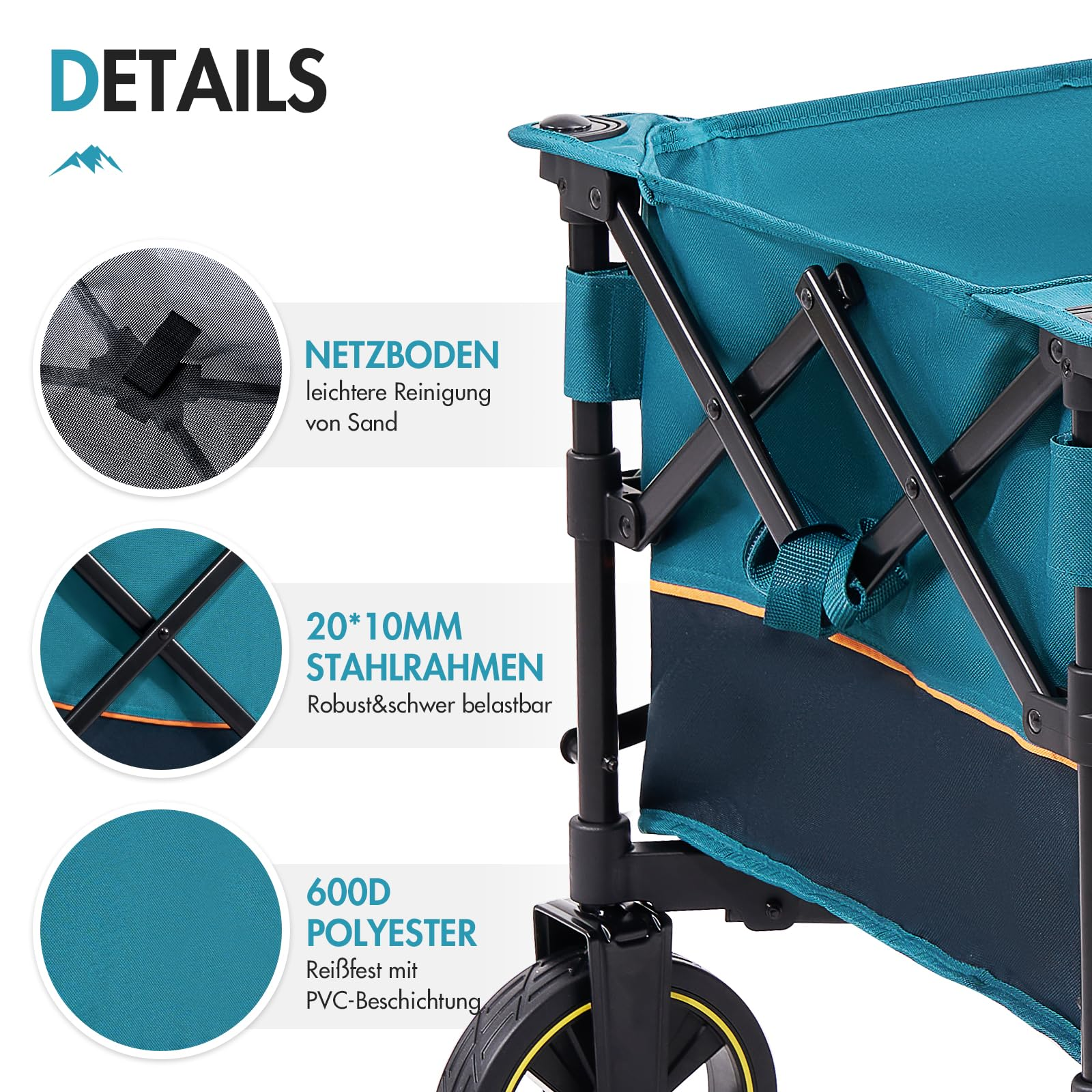 Détails d'un chariot utilitaire bleu avec cadre en acier et fond en filet.