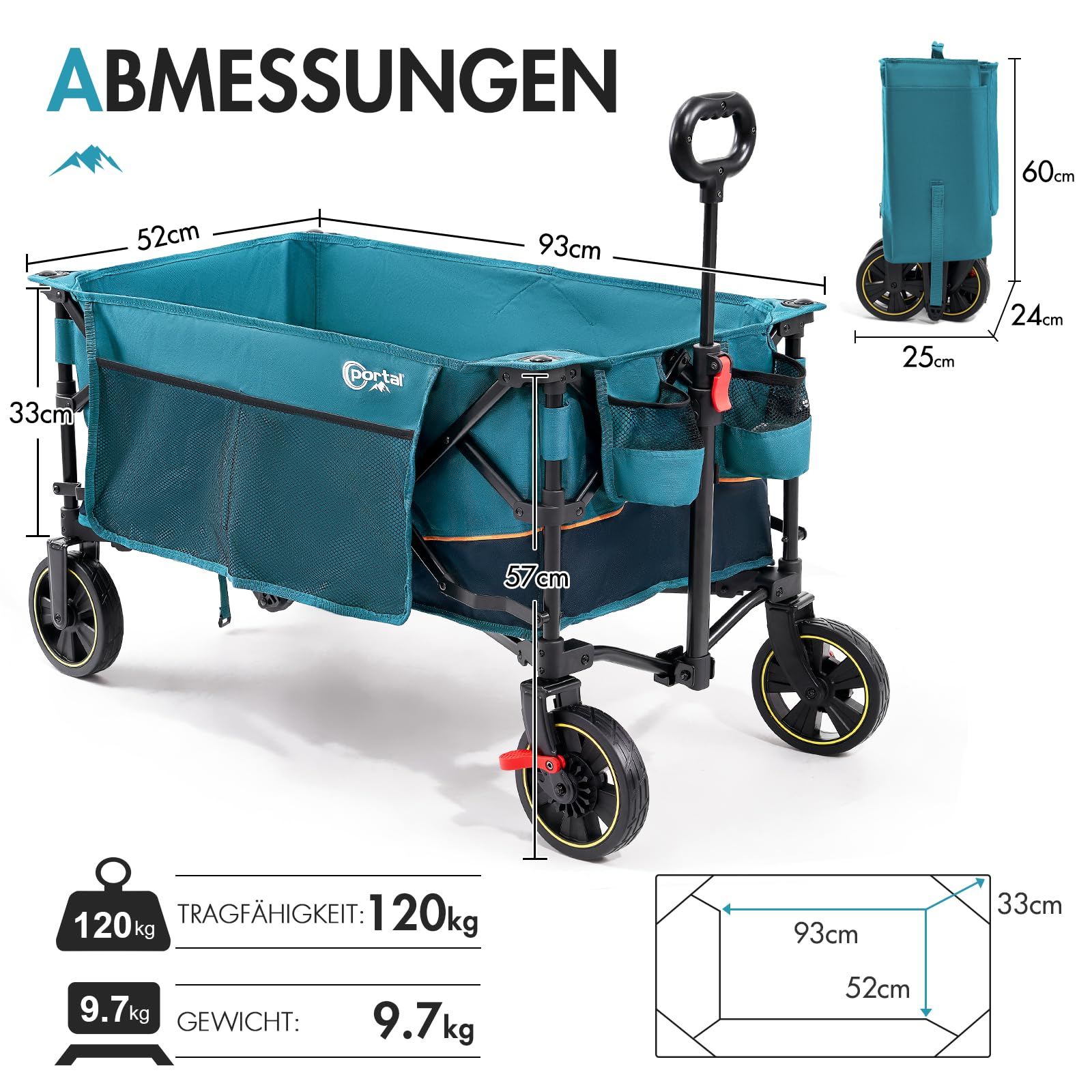 Chariot pliant bleu sarcelle avec cadre noir et dimensions, capacité de 120 kg et poids de 9,7 kg.