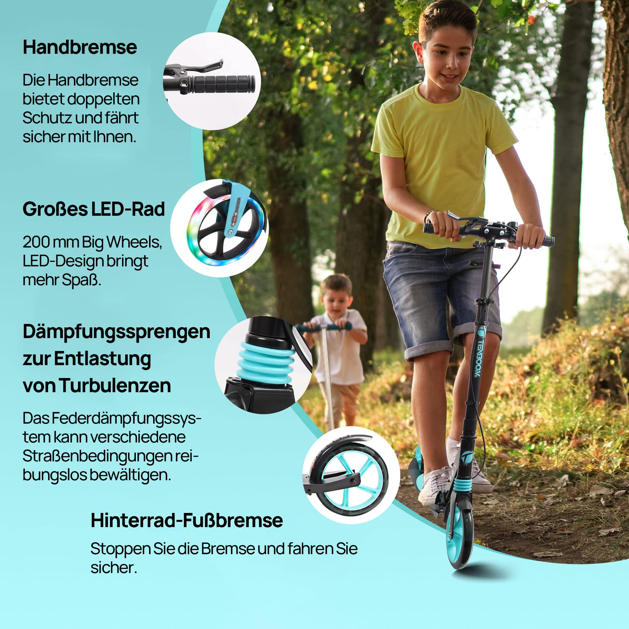 Junge fährt draußen Roller mit Funktionsdetails zu Handbremse, LED-Rädern, Stoßdämpfer und Fußbremse.