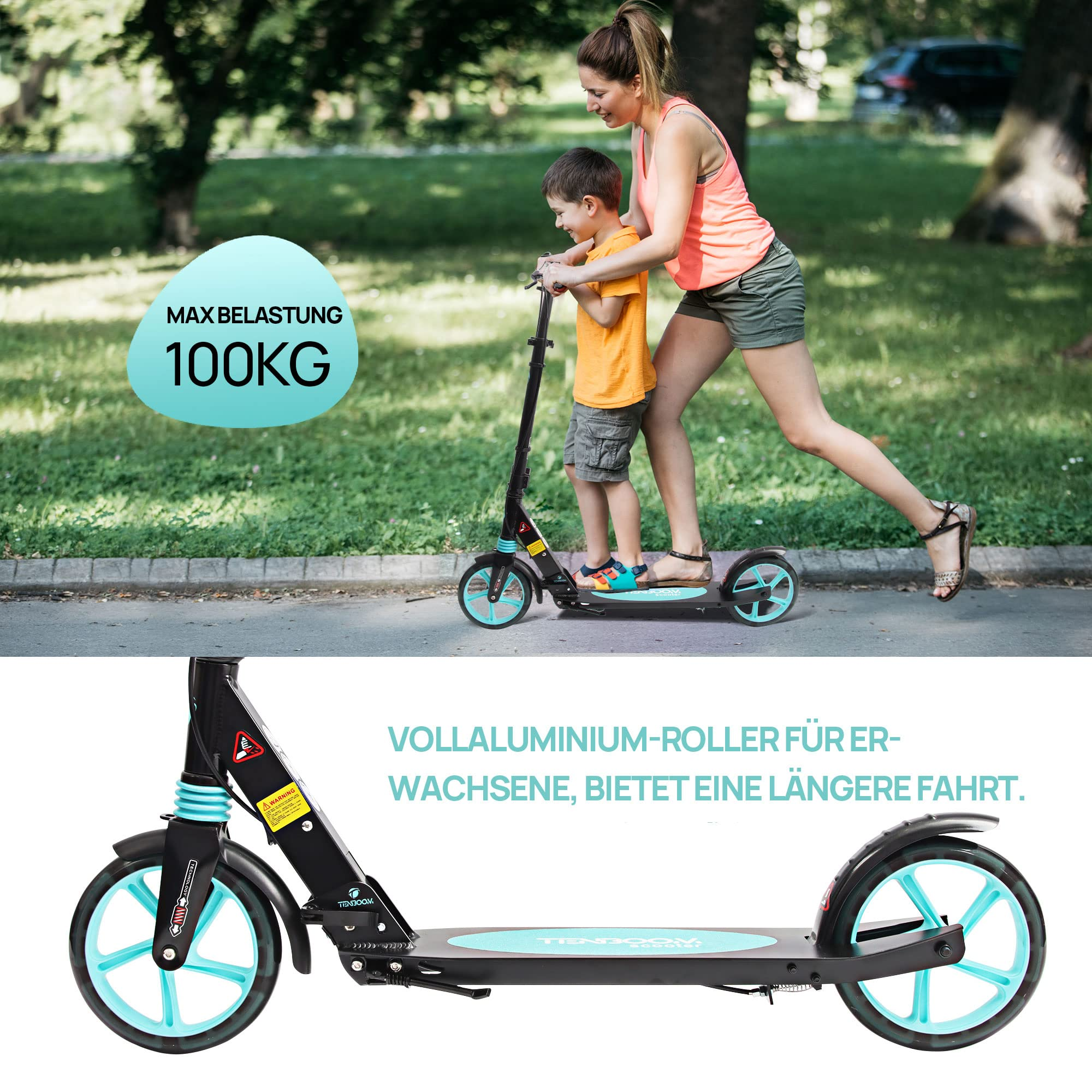 Eine Frau und ein Kind fahren auf einem schwarzen Roller im Park, darunter ein Bild des Rollers.