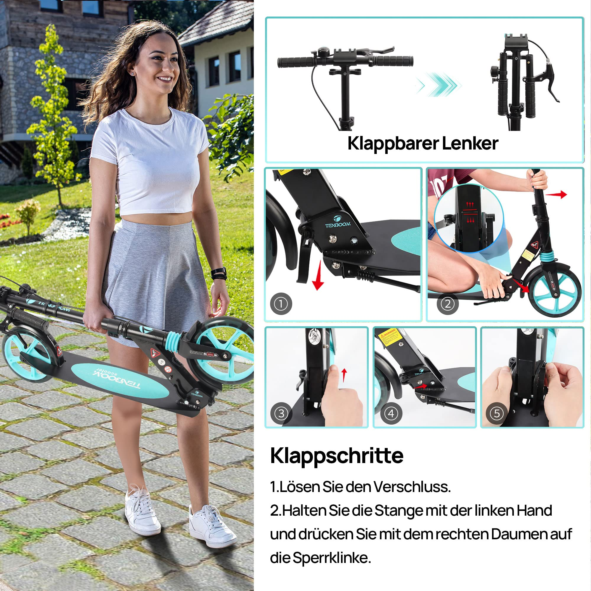Eine Frau hält einen zusammengeklappten Roller. Fünf Bilder zeigen Schritte zum Zusammenklappen.