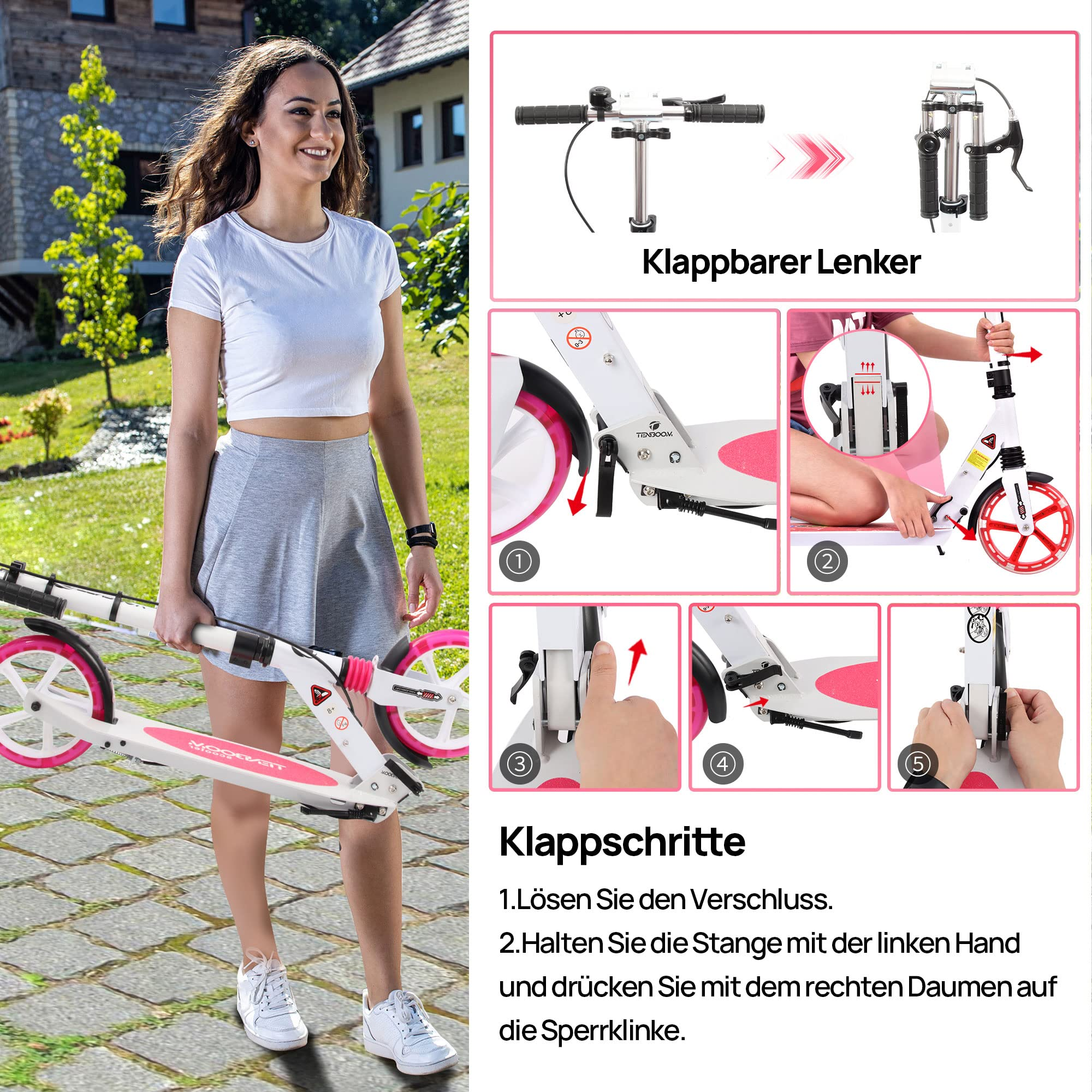 Eine Frau hält einen zusammengeklappten weißen Tretroller mit rosa Akzenten. Rechts sind Anleitungen zum Zusammenklappen.