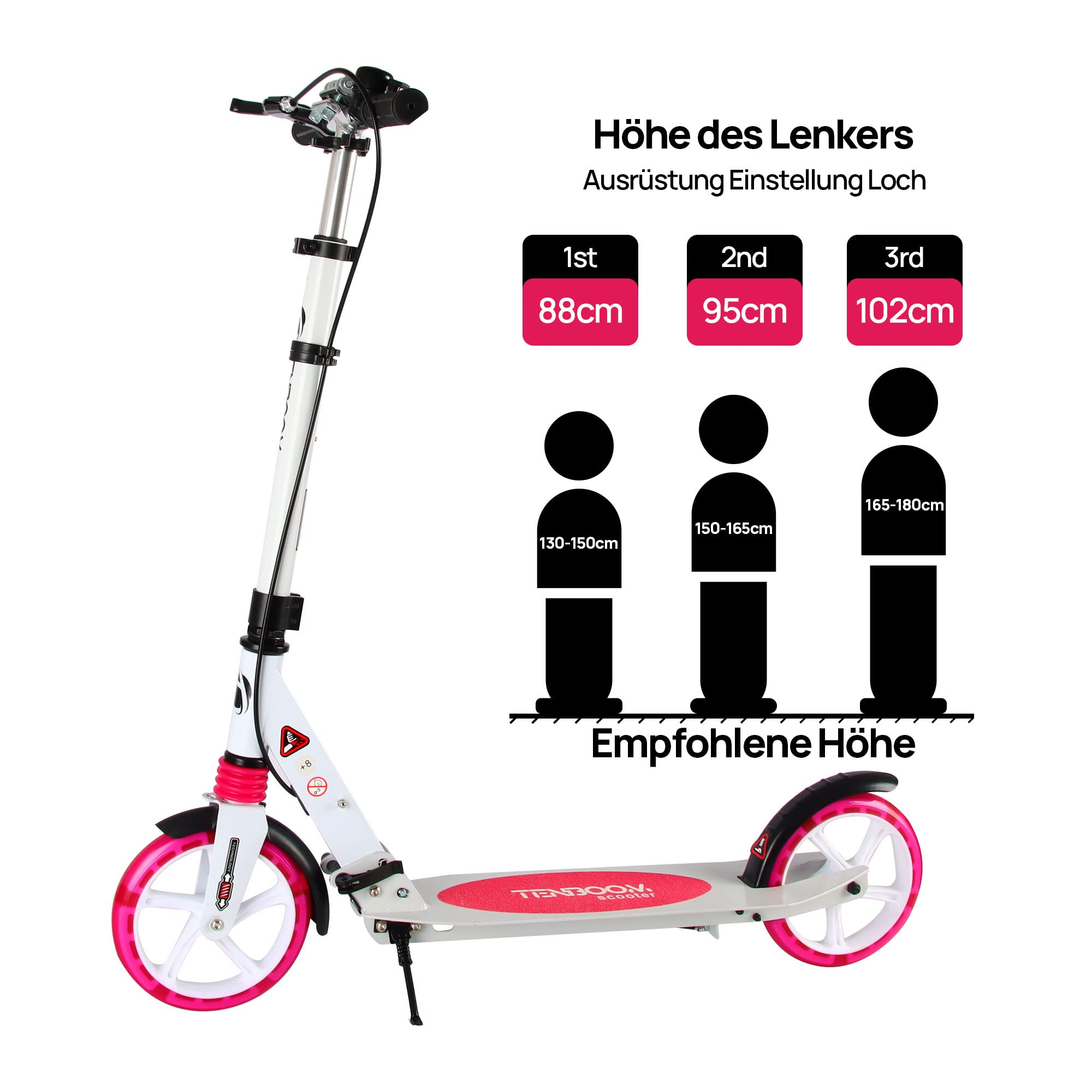 Diagramm zeigt die verstellbaren Lenkerhöhen eines weiß-pinken Tretrollers für verschiedene Körpergrößen.