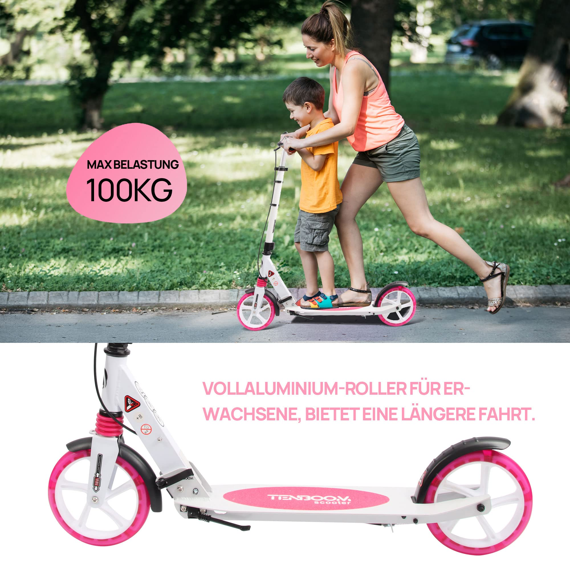 Eine Frau und ein Kind fahren gemeinsam Tretroller im Park.