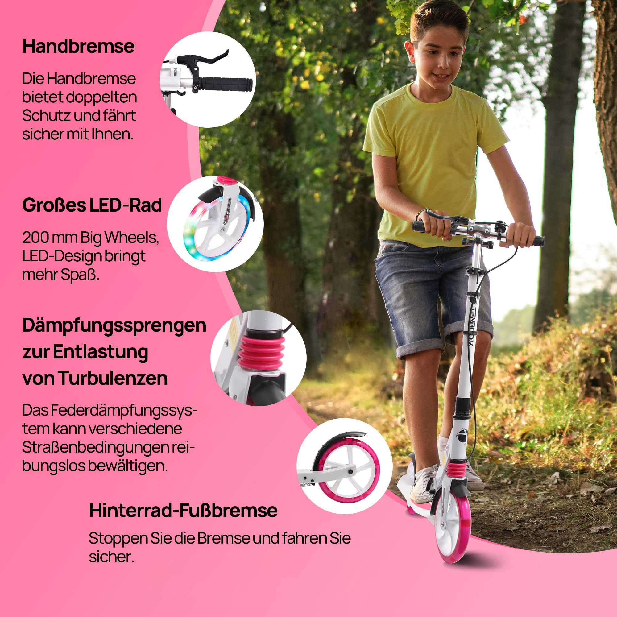 Ein Junge fährt im Park Roller, mit Detailaufnahmen von Bremse, LED-Rädern und Federung auf einer rosa Infotafel.