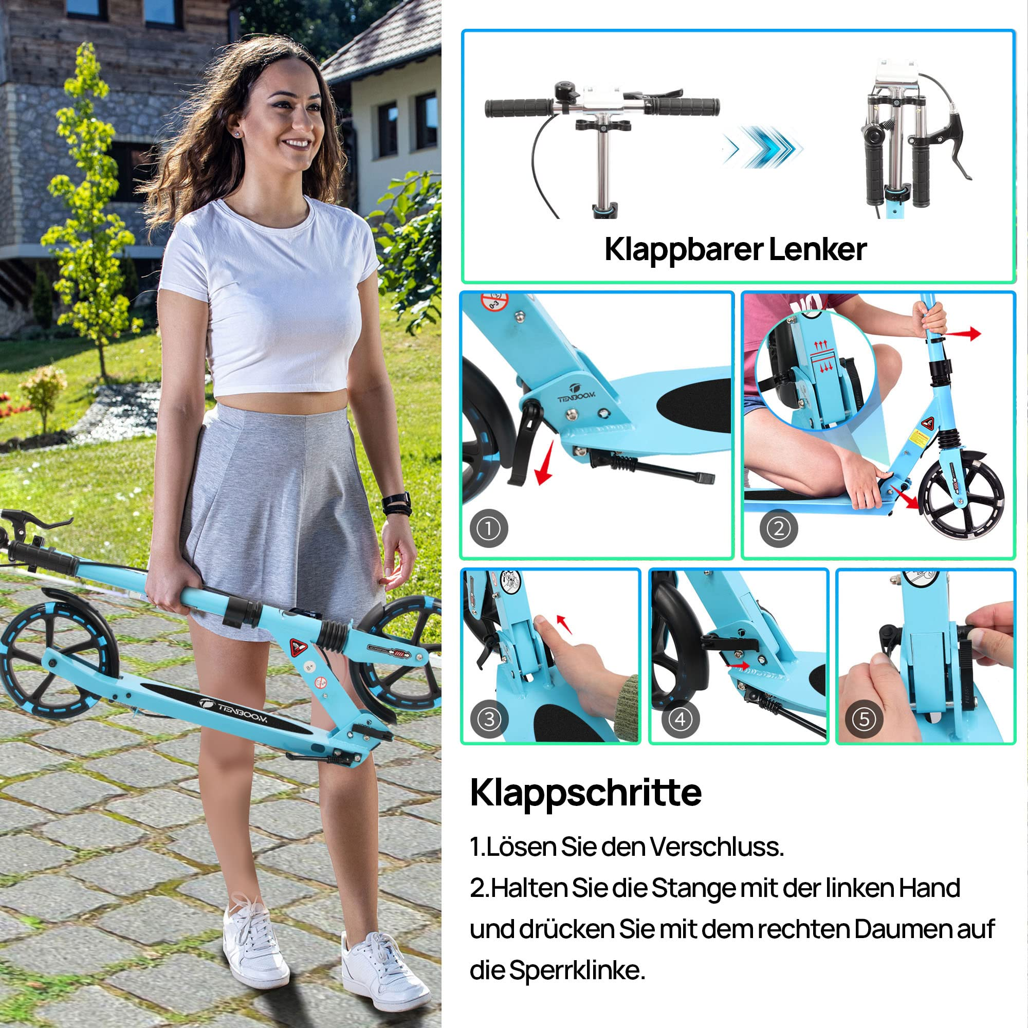 Eine Frau hält einen zusammengeklappten blauen Roller mit Einblicken in die Faltvorgänge.