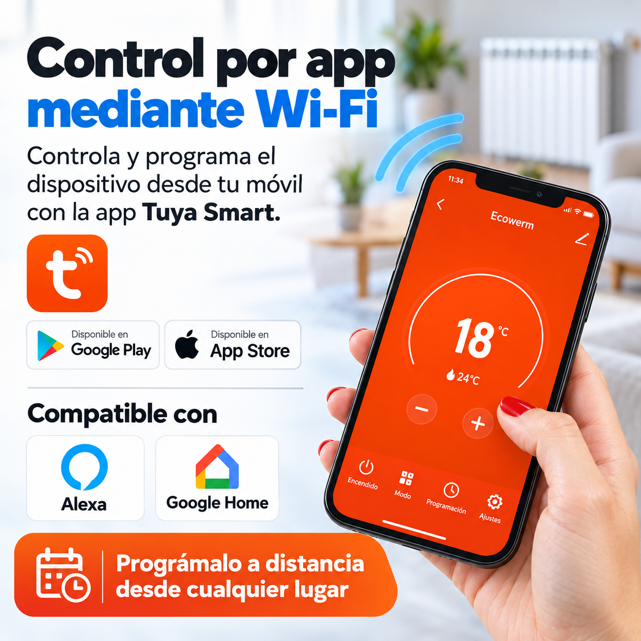 Un smartphone muestra una aplicacion domotica con una temperatura de 18 grados.