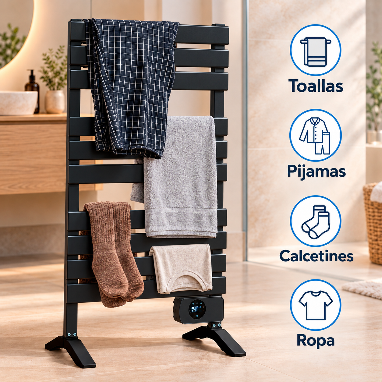 Toallero eléctrico negro en baño con ropa colgada y cuatro iconos a la derecha para toallas, pijamas, calcetines y ropa.