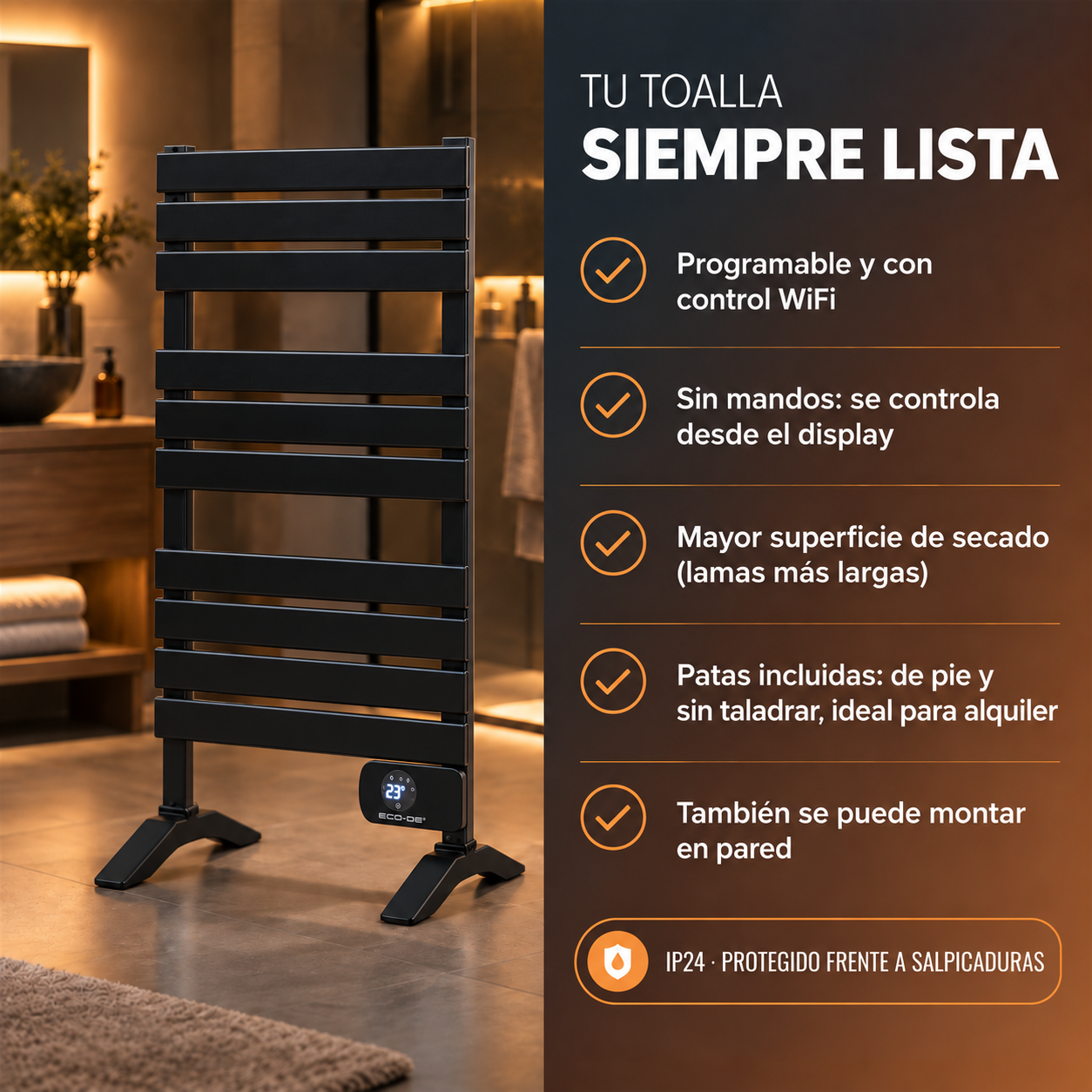 Toallero negro en un baño, acompañado de texto promocional en el lado derecho.