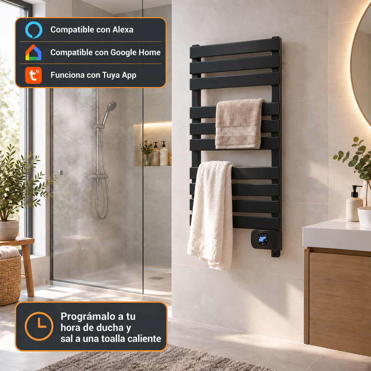Un radiador toallero negro en un baño moderno con toallas, junto a una ducha de cristal y lavabo.