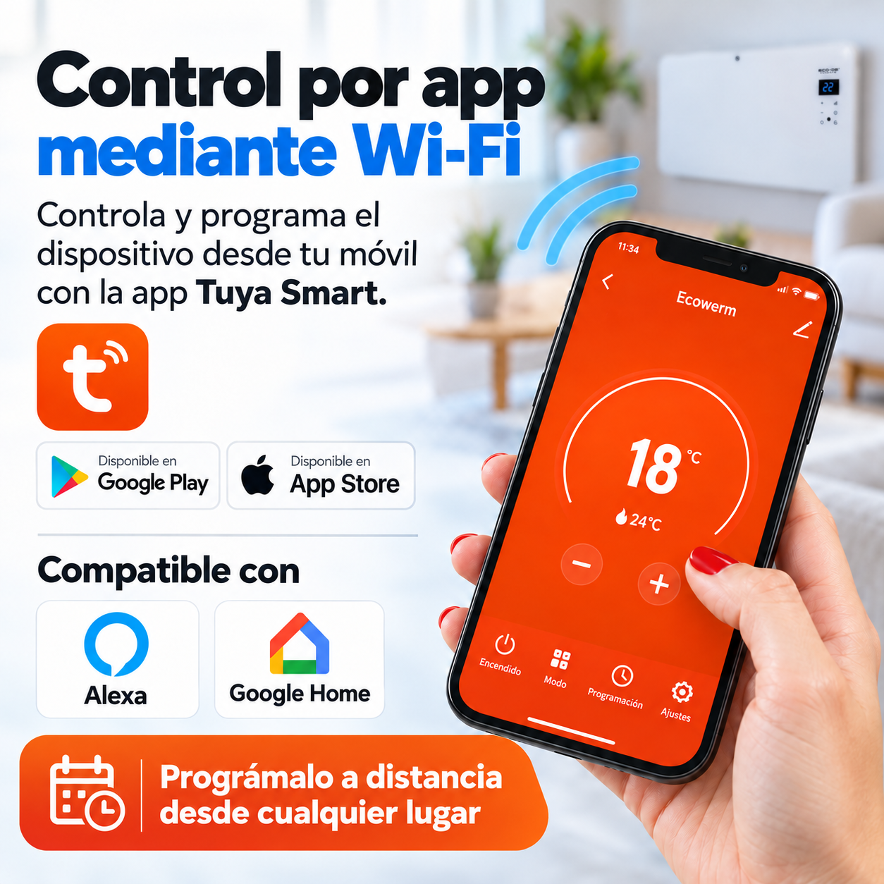 Móvil con app Tuya Smart mostrando 18 grados, compatible con Alexa y Google Home.