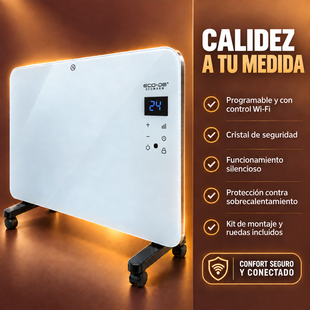 Un calefactor de panel de cristal blanco con ruedas y pantalla digital, junto a texto promocional.