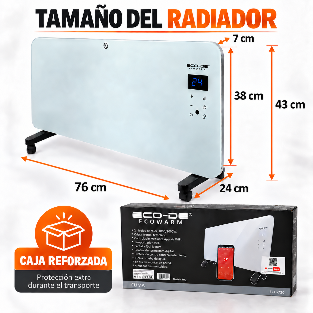 Radiador eléctrico de cristal blanco con pantalla digital y dimensiones, junto a su caja.