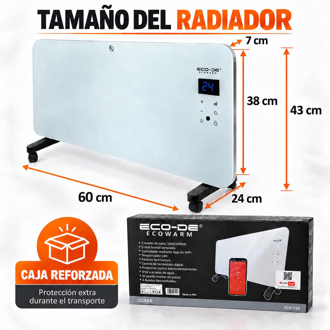 Radiador de cristal con medidas y caja, mostrando 60x43 cm y funciones como control por Wi-Fi.