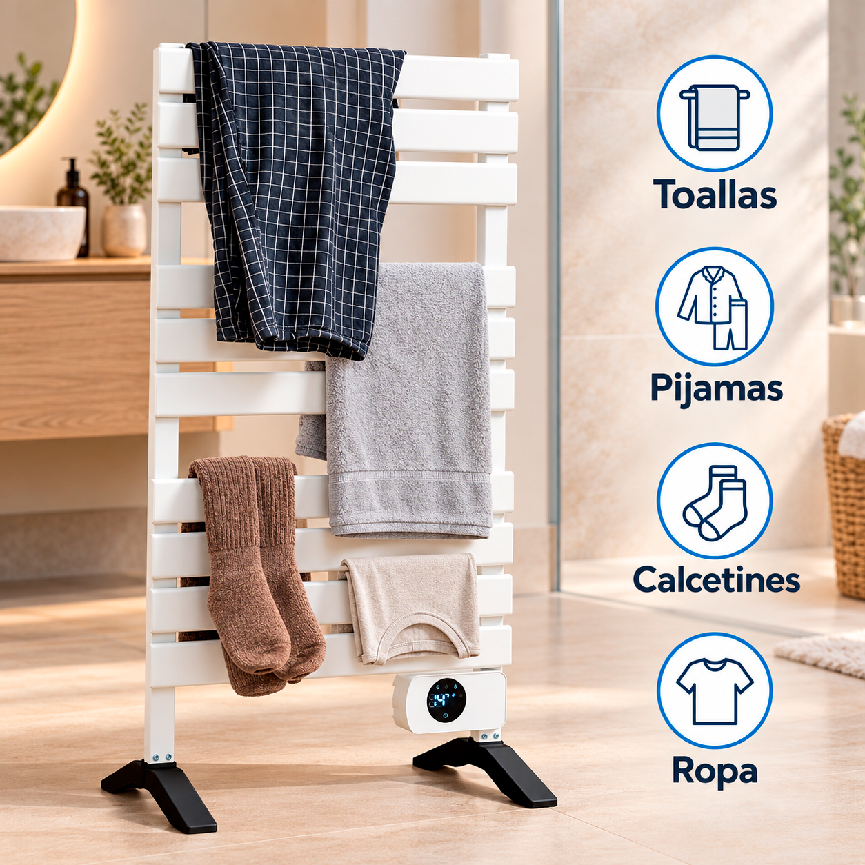 Toallero eléctrico blanco en el baño con textiles y cuatro iconos a la derecha.
