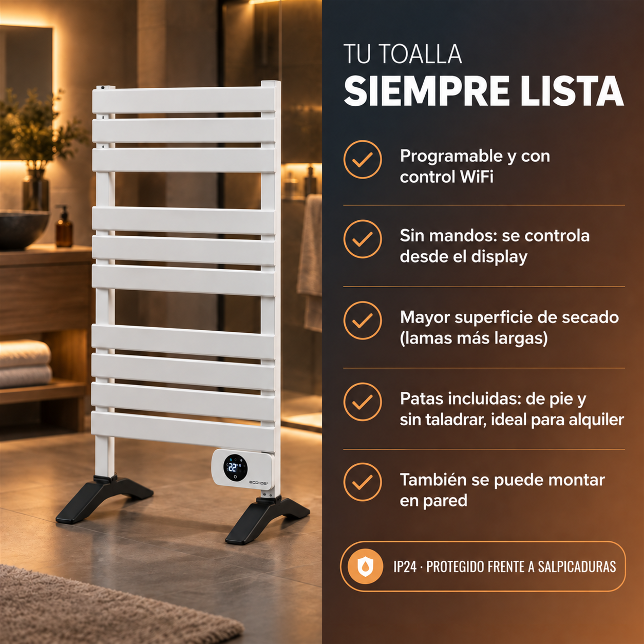 Toallero eléctrico blanco independiente con pantalla digital en un baño moderno, junto con texto de características.