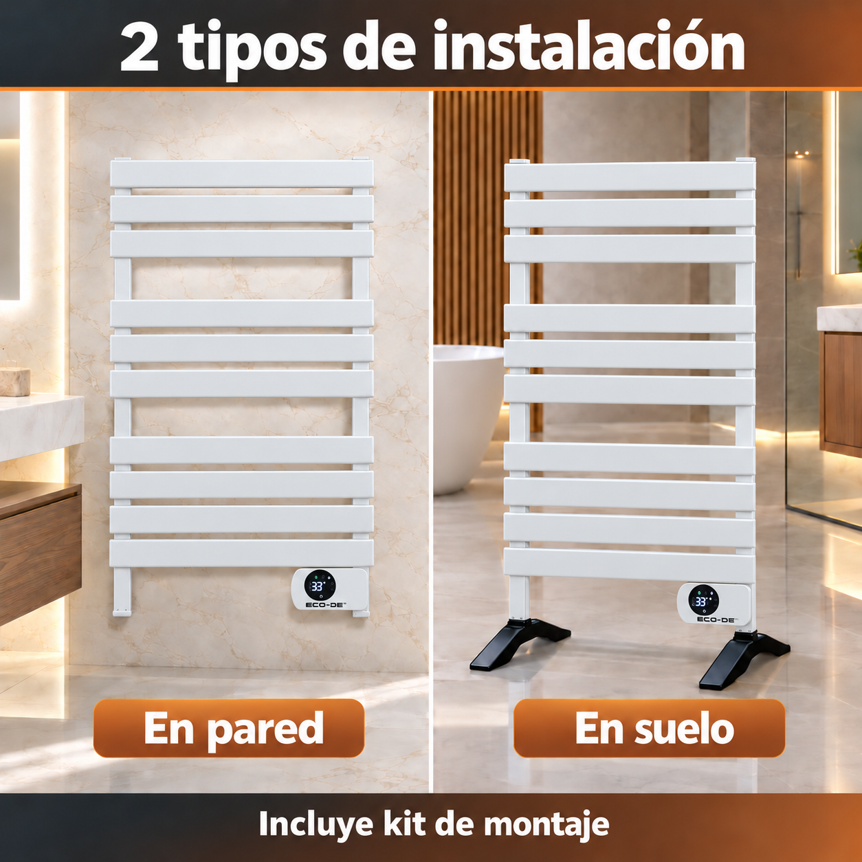 Dos tipos de instalación para un radiador toallero blanco: pared y suelo.