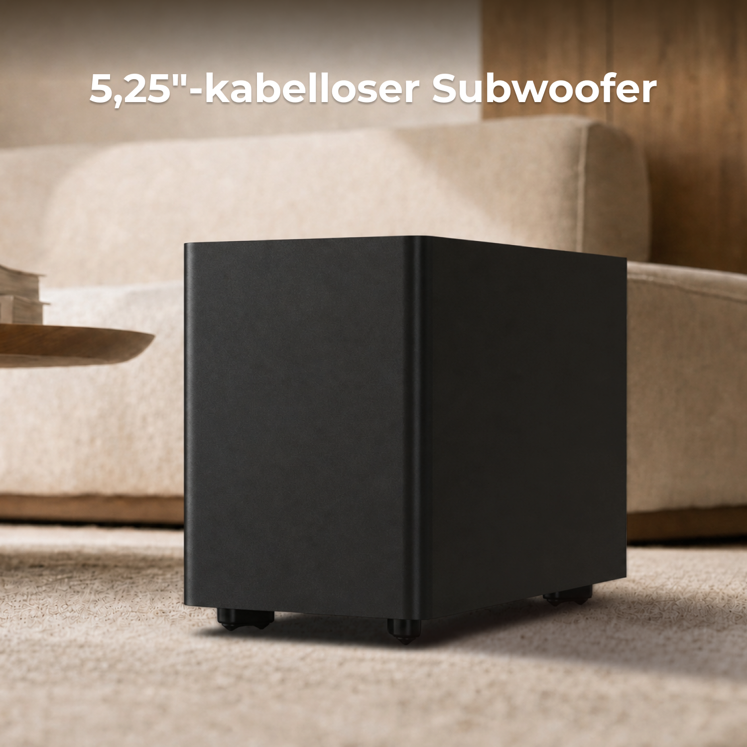 Ein schwarzer, kabelloser 5,25-Zoll-Subwoofer auf einem Teppich in einem Raum mit Sofa.