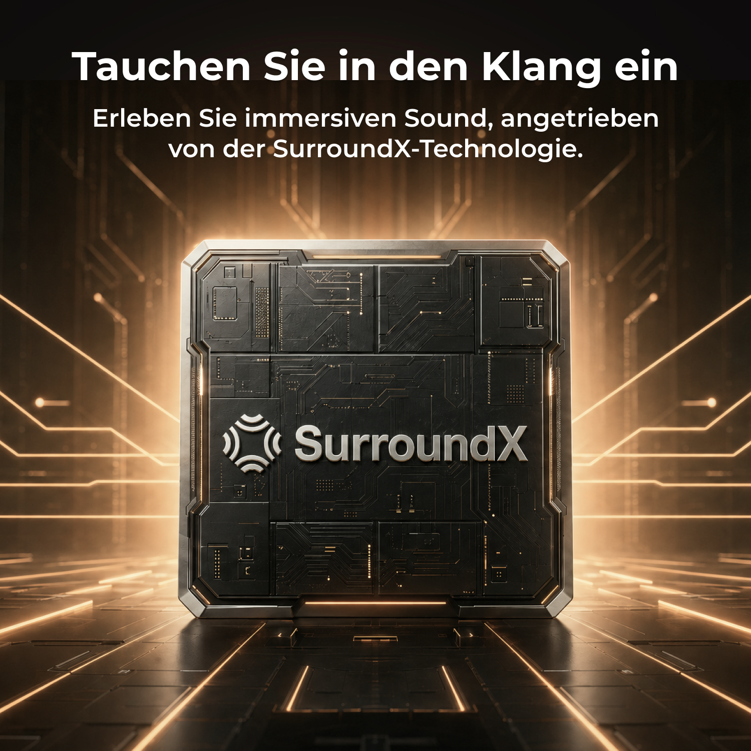 Ein rechteckiger, schwarzer Mikrochip mit der Aufschrift SurroundX leuchtet auf einem goldenen Technologie-Hintergrund.