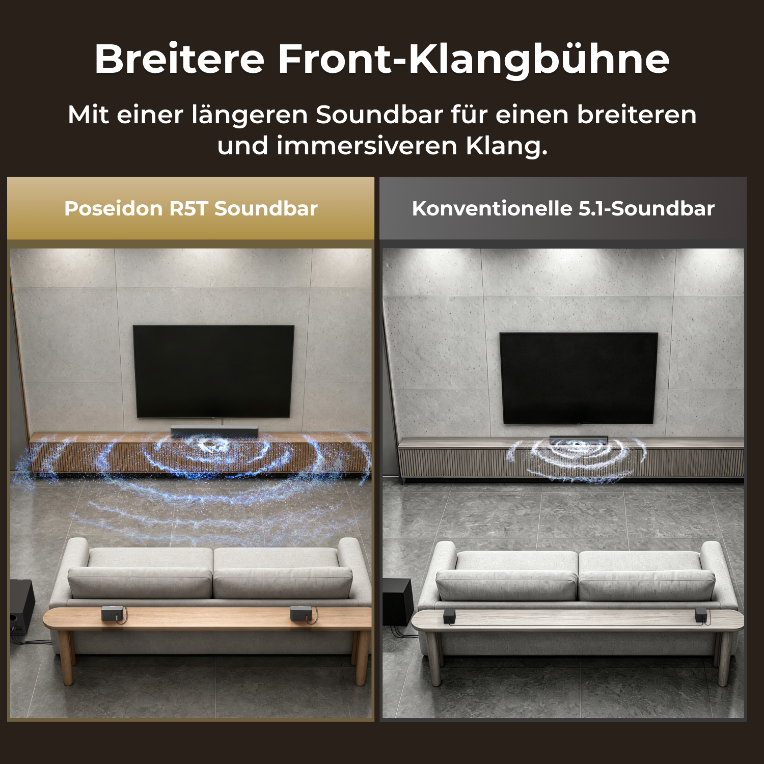 Vergleich zweier Soundbars zeigt breiteren Klang der Poseidon R5T gegenüber herkömmlichen 5.1-Systemen.