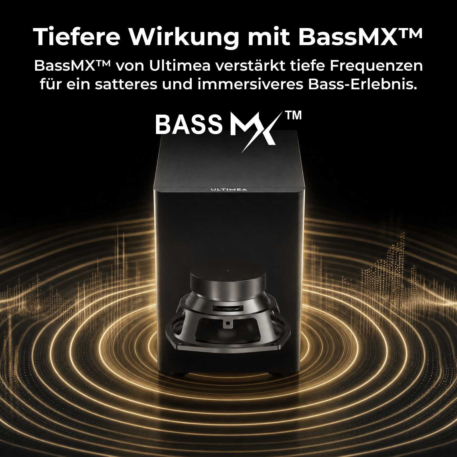 Ein schwarzer Subwoofer mit freiliegendem Lautsprecher auf goldenen, kreisförmigen Klangwellen vor dunklem Hintergrund.