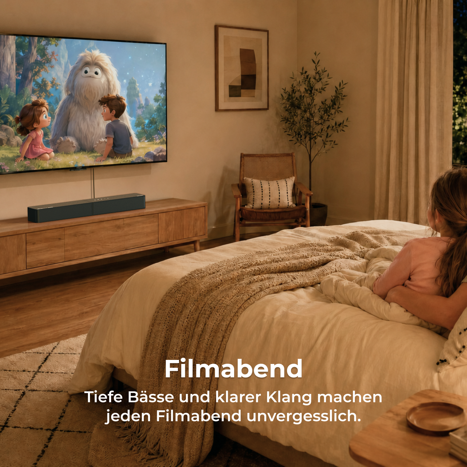 Ein Kind sitzt im Bett und schaut einen Animationsfilm auf einem großen Fernseher mit Soundbar.