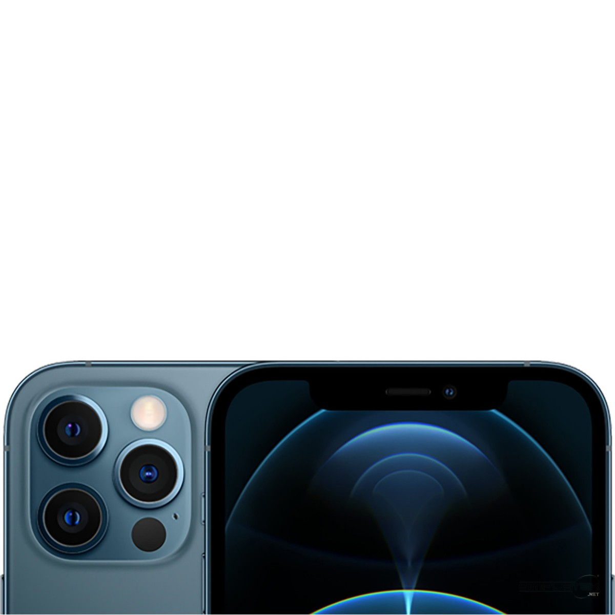 Back and upper screen of a blue smartphone with a triple camera lens and flash.
