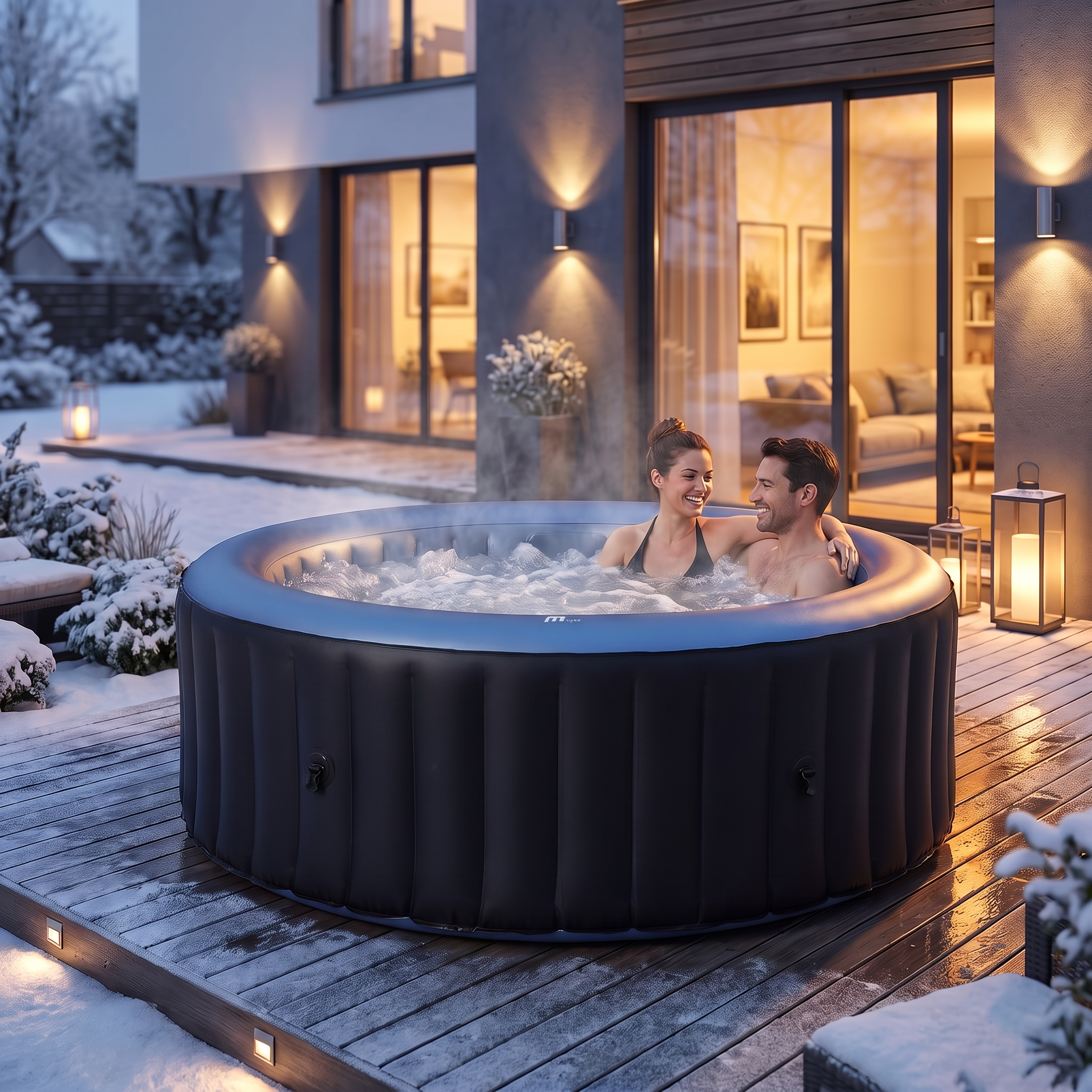 Ein lächelndes Paar entspannt in einem dampfenden Whirlpool auf einer verschneiten Holzterrasse.