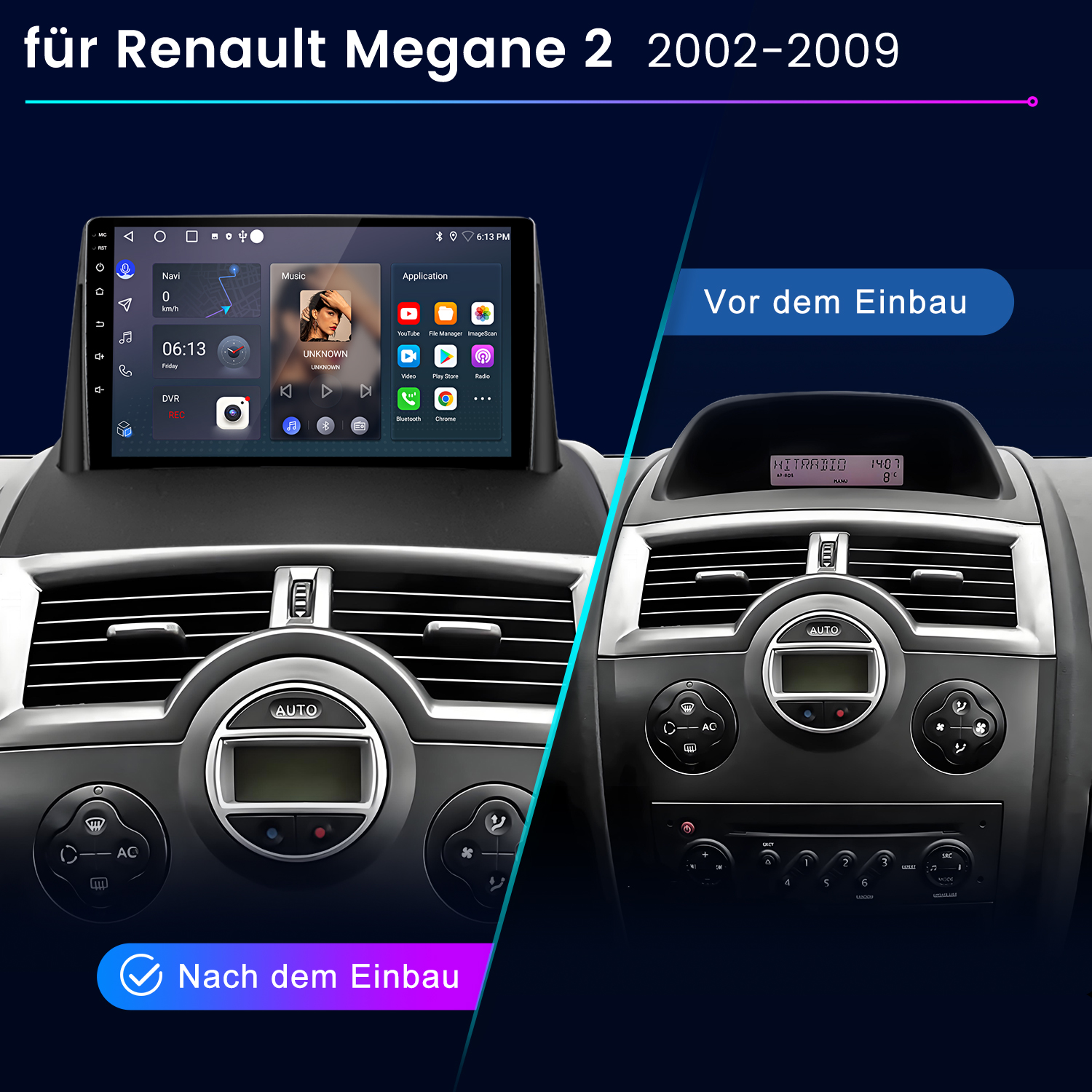 Vergleich Auto-Armaturenbrett vor und nach dem Einbau eines neuen Navigationssystems für Renault Megane 2.