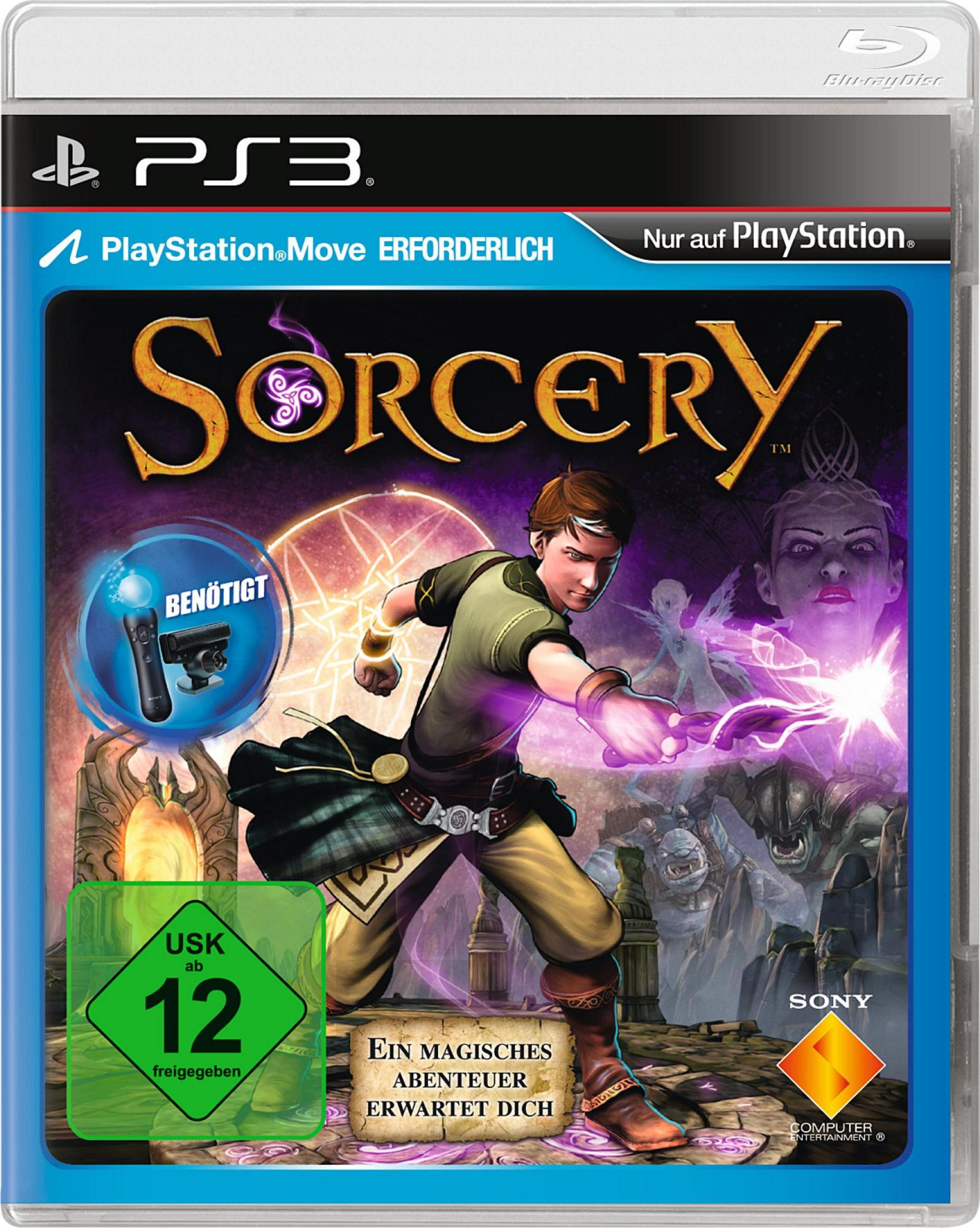 PS3-Spiel Sorcery-Cover zeigt einen jungen Zauberer, der magische Energie aus seiner Hand schleudert.
