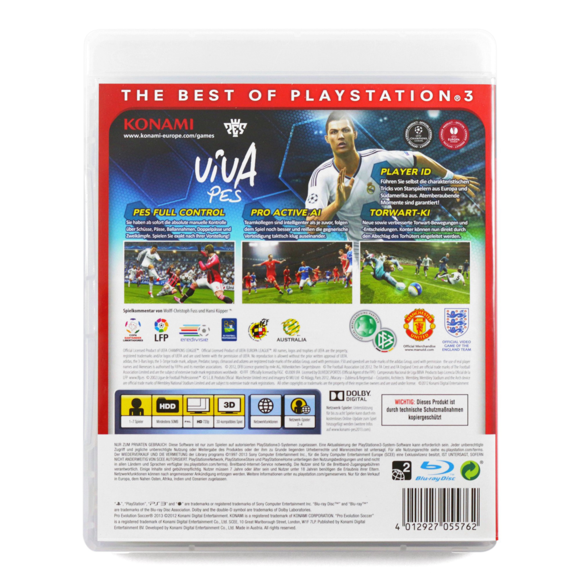 Rückseite einer PlayStation 3-Hülle mit dem Fußballspieler Cristiano Ronaldo und Gameplay-Screenshots.