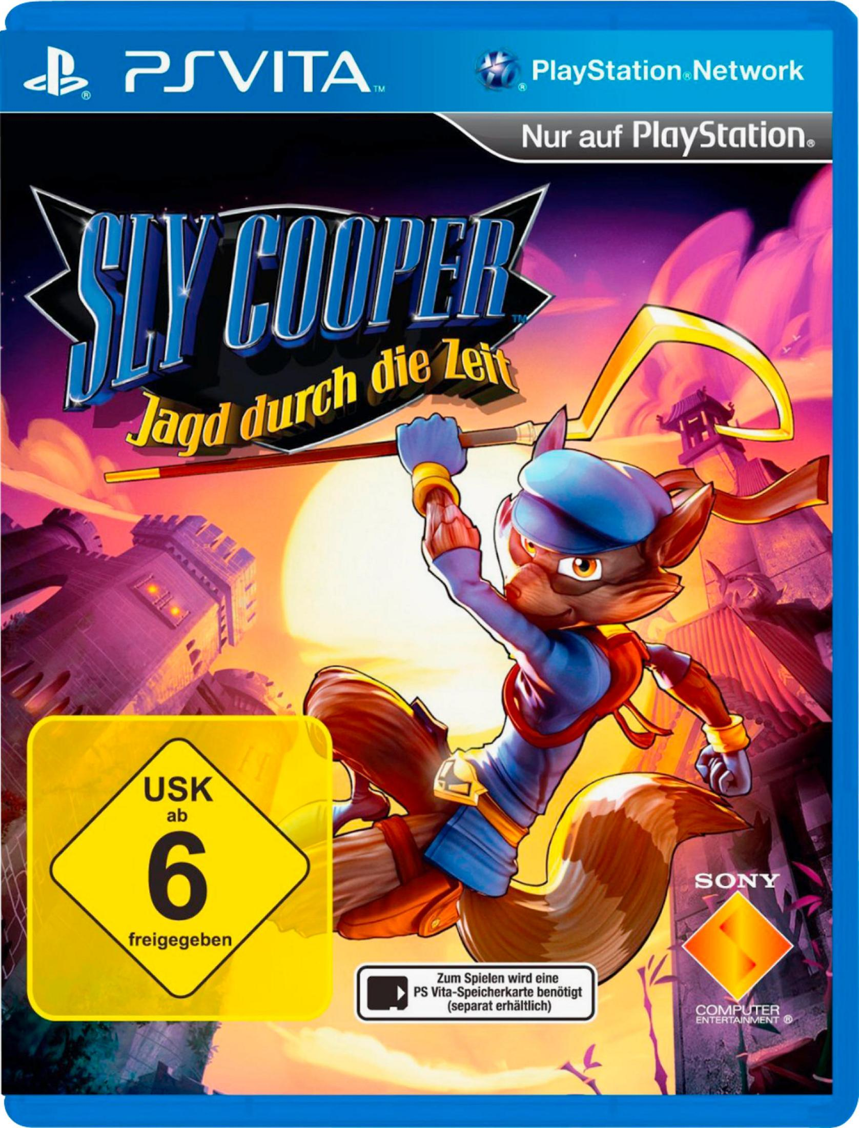 Sly Cooper PS Vita Spielcover mit Raccoon-Charakter vor einer Burg.
