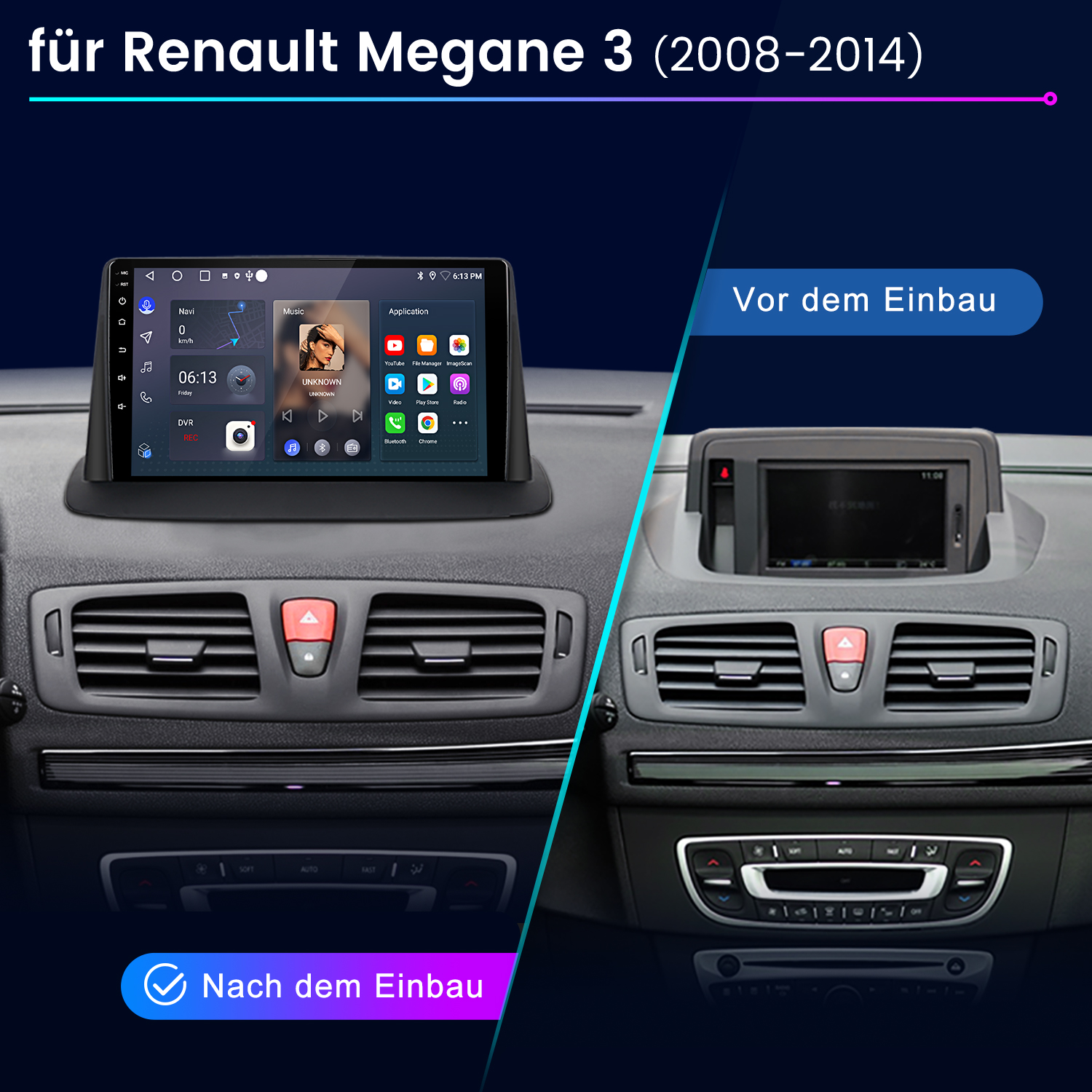 Vergleich der Renault Megane 3 Armaturenbretter vor und nach dem Einbau eines modernen Navigationssystems.