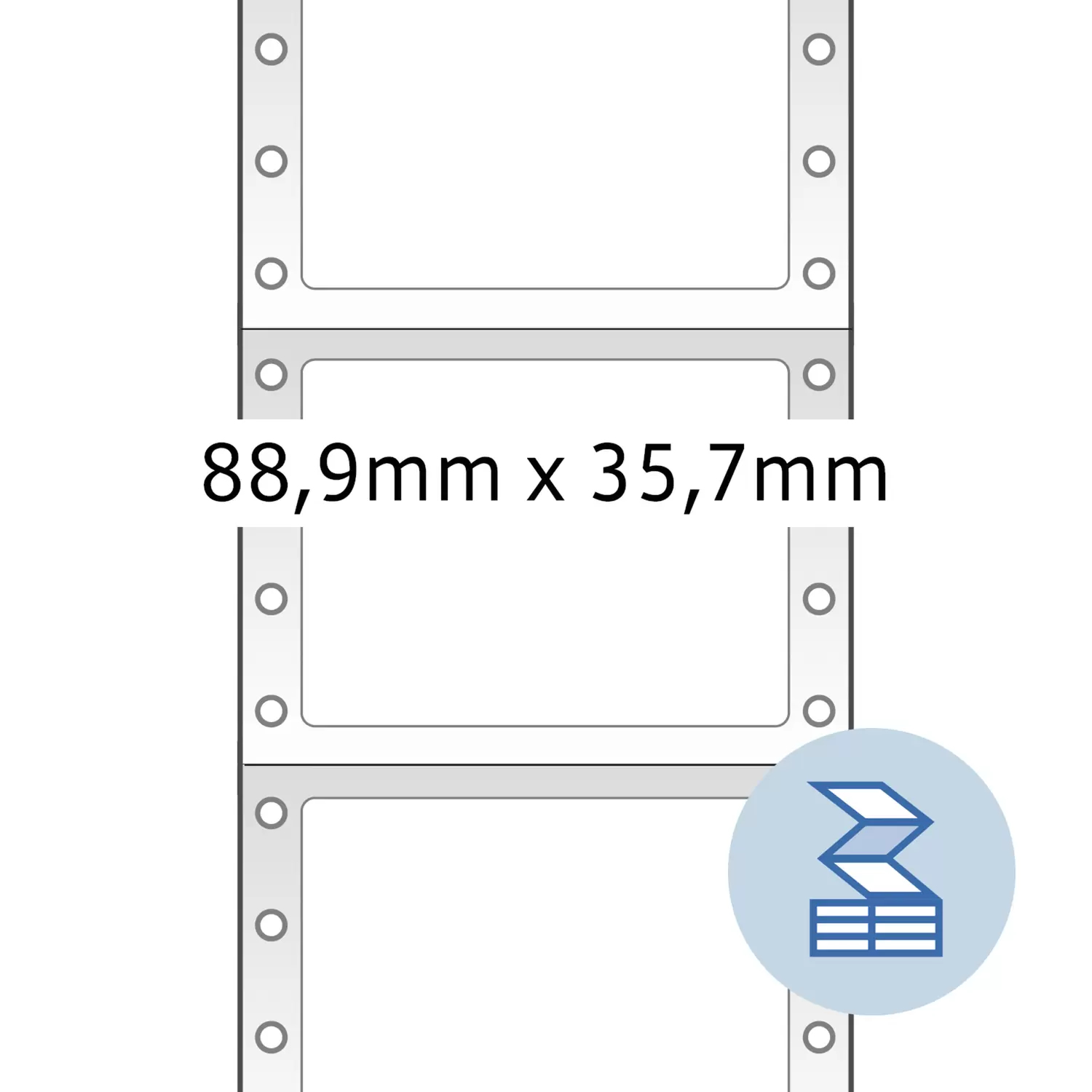 Kontinuierliche Etiketten mit Lochrand, Maße 88,9mm x 35,7mm, in Leporellofalz.