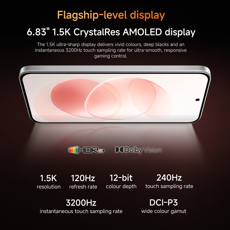 Imagen promocional de un smartphone con pantalla AMOLED de 6.83", HDR10+, Dolby Vision y especificaciones.