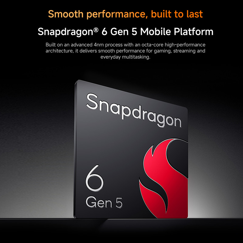Chip promocional negro para Snapdragon 6 Gen 5 con logotipo de llama roja sobre fondo oscuro.