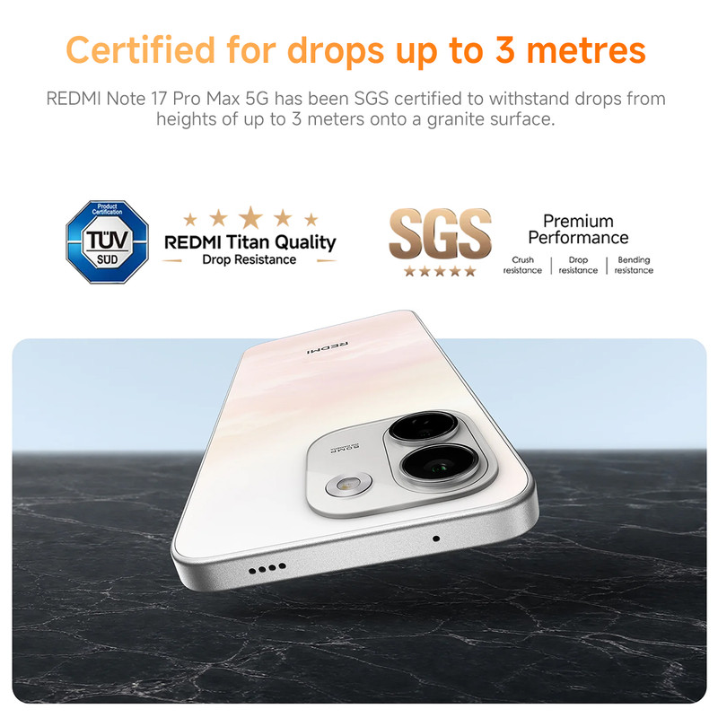 Un smartphone Redmi con certificación SGS para caídas de hasta 3 metros sobre una superficie oscura.